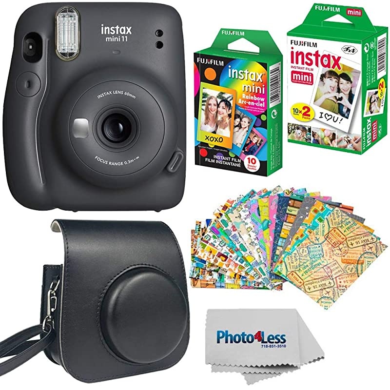 Instax Mini 11 Instant Camera Charcoal Grey 16654786 +  Instax Mini Twin Pack Instant Film 16437396 + Single Pack Rainbow Film + Case + Travel Stickers