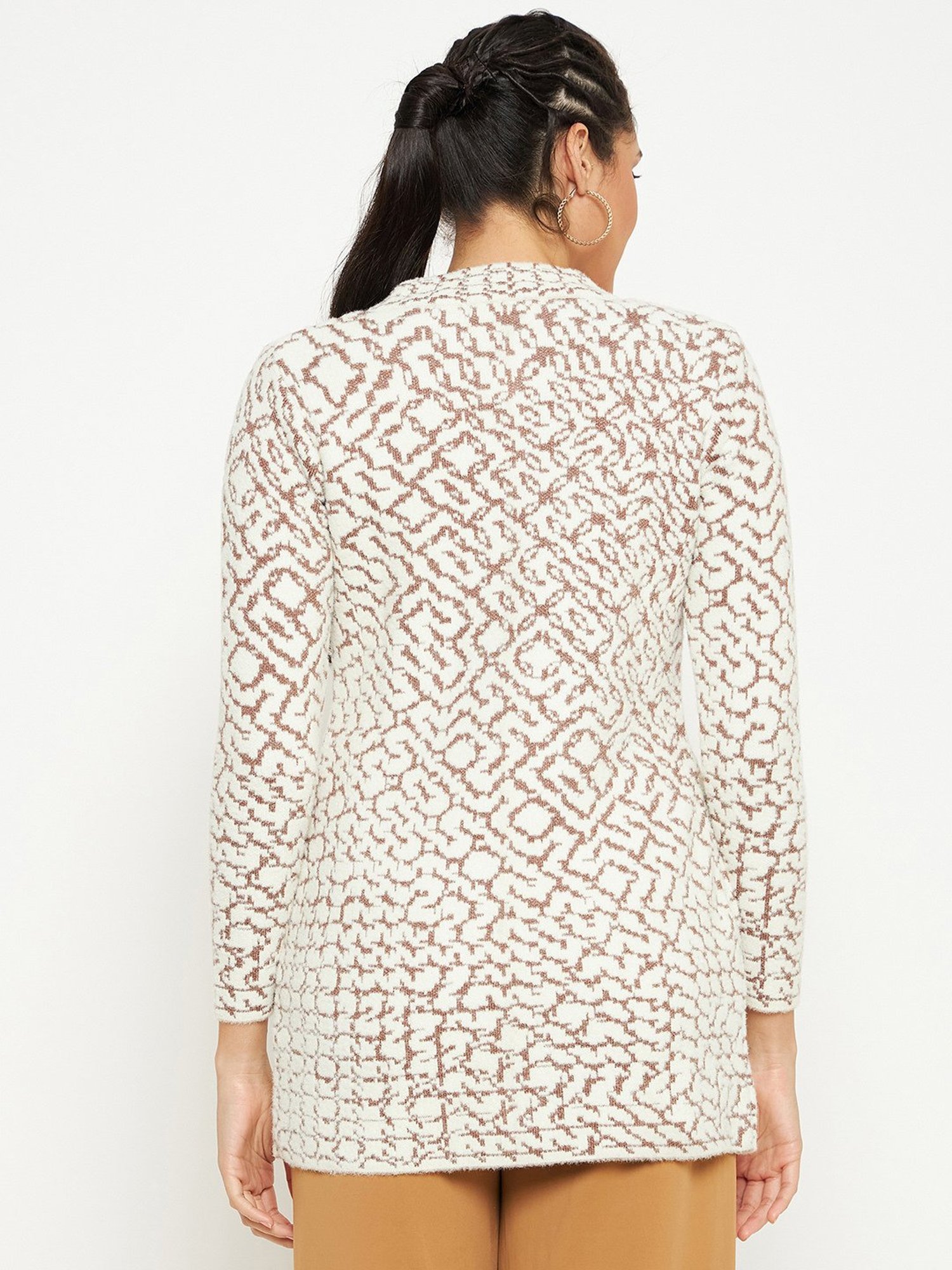 Duke Off White & Brown Printed Cardigan