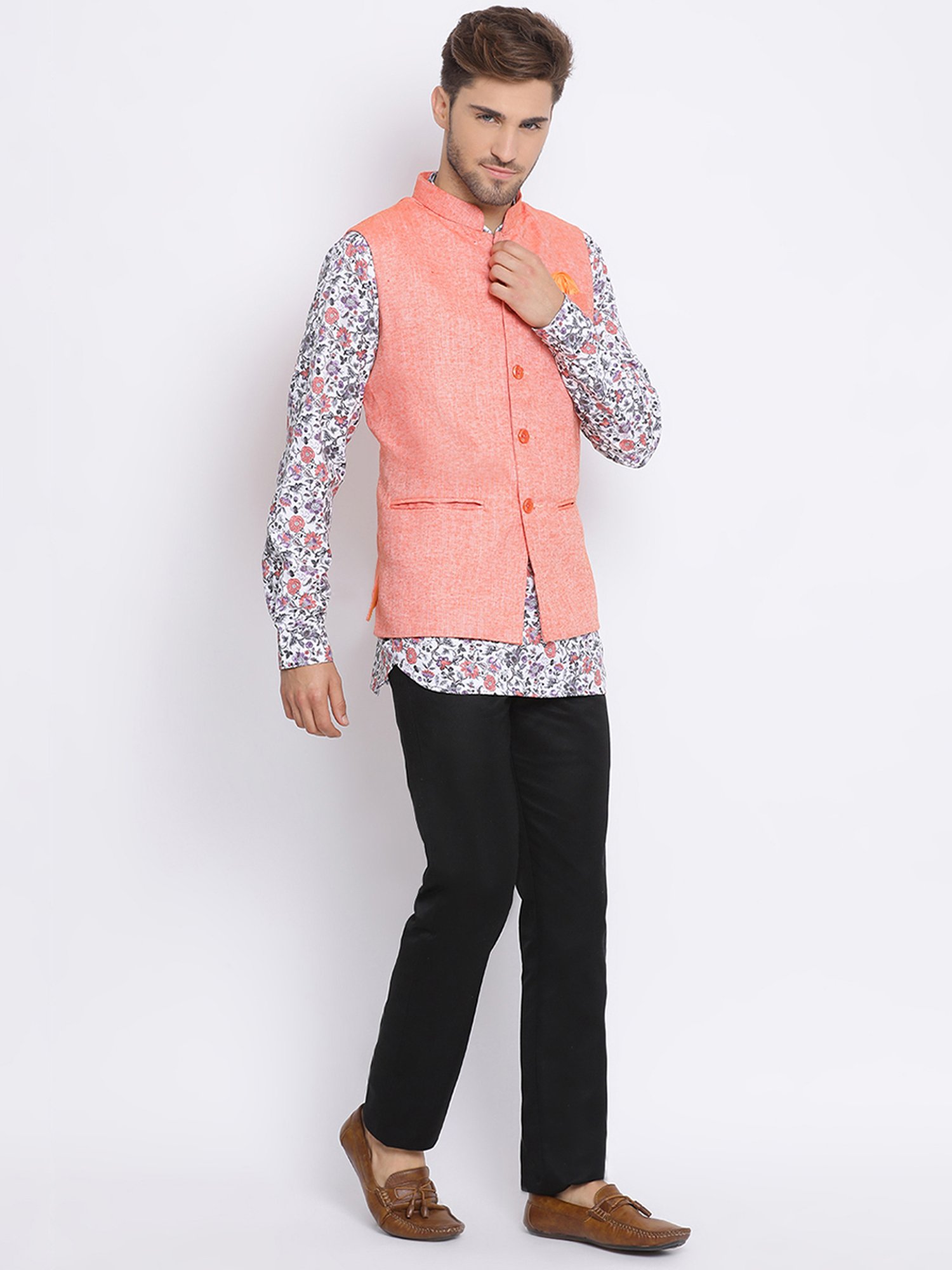 Hangup Plus White & Black Regular Fit Short Kurta & Trousers Set With Nehru Jacket
