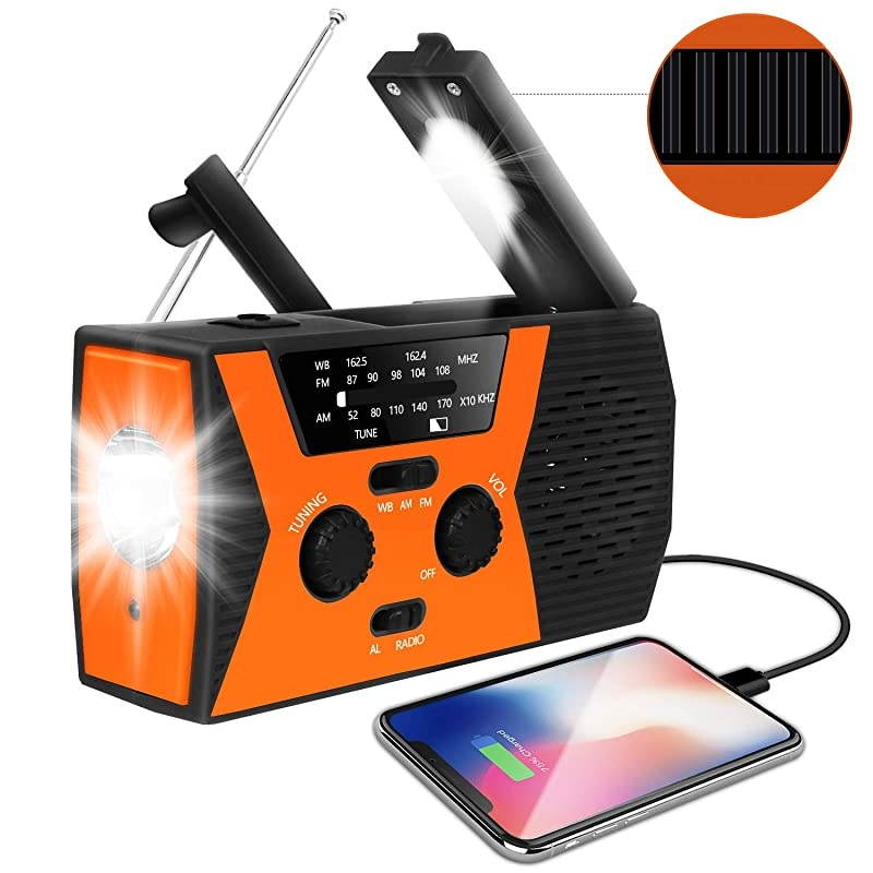2020 Upgraded Emergency Solar Hand Crank Radio,  Hand Crank AM/FM/NOAA Weather Radio with Flashlight, Reading Lamp, 2000mAh Power Bank,USB Cell Phone Charger and SOS Alarm