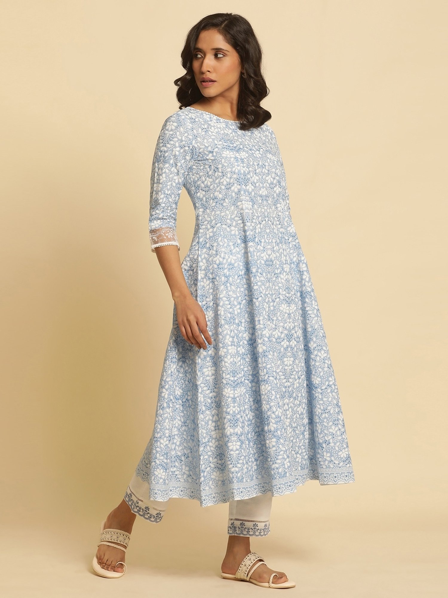 W Blue Cotton Printed Fit and Flare Kurta