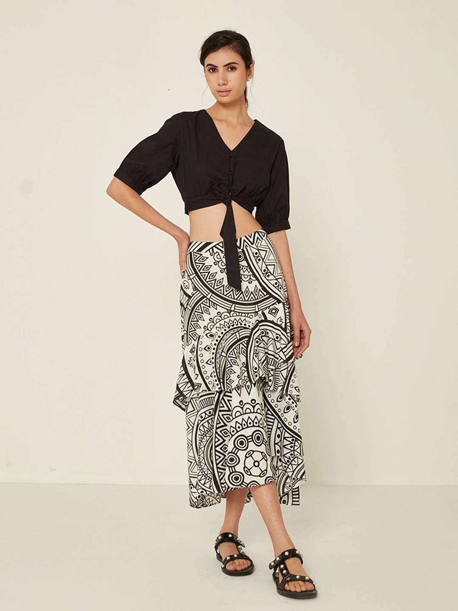 ANCESTRY Off White Printed High Low Midi Skirt