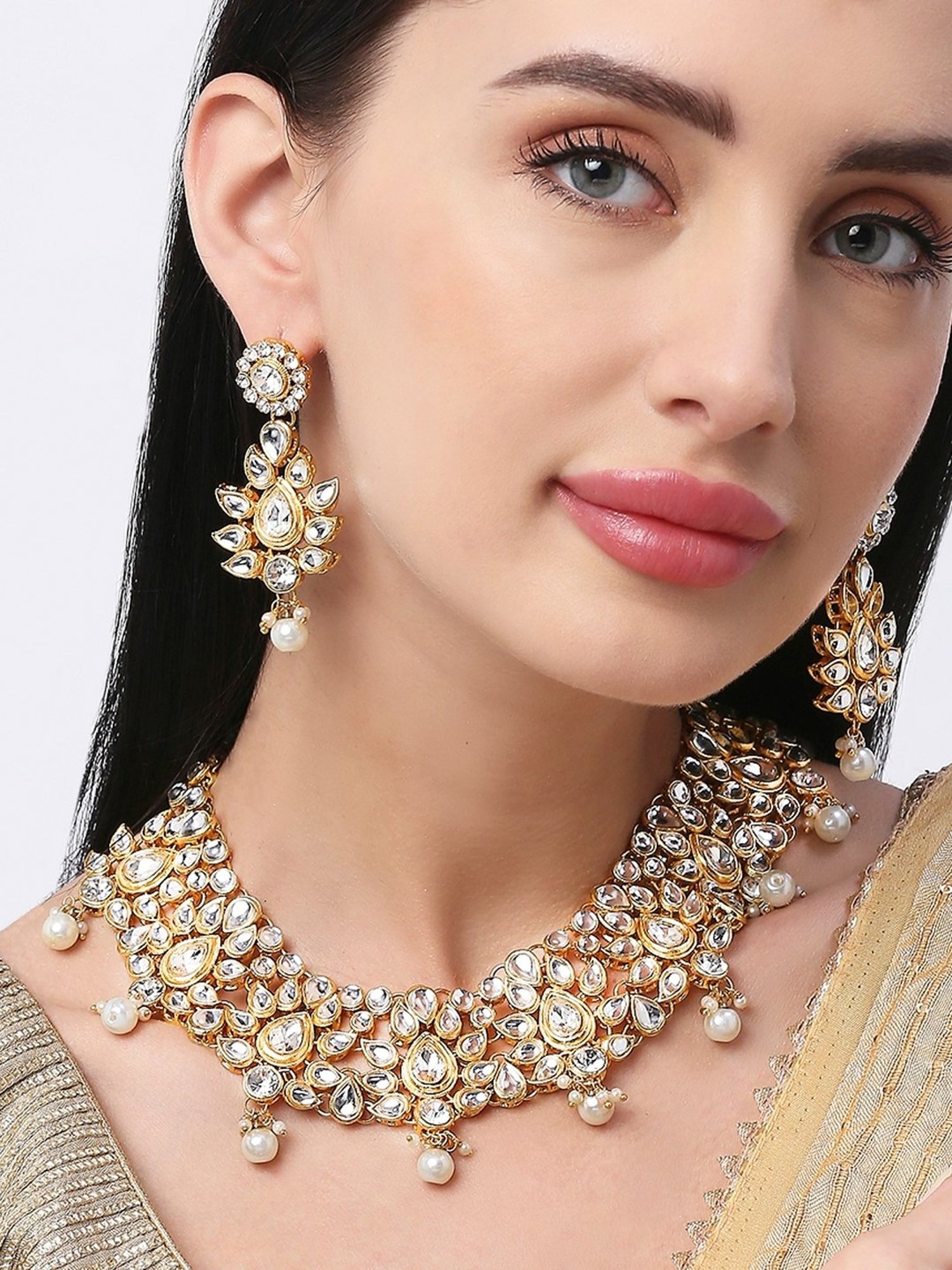Oomph Gold Tone Kundan & Pearls Heavy Ethnic Necklace with Earrings Set