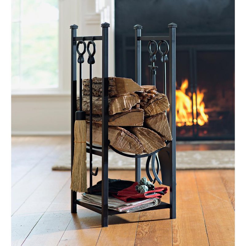 Plow & Hearth - All-In-One Firewood Wood Rack with Fireplace Tool Set, Black