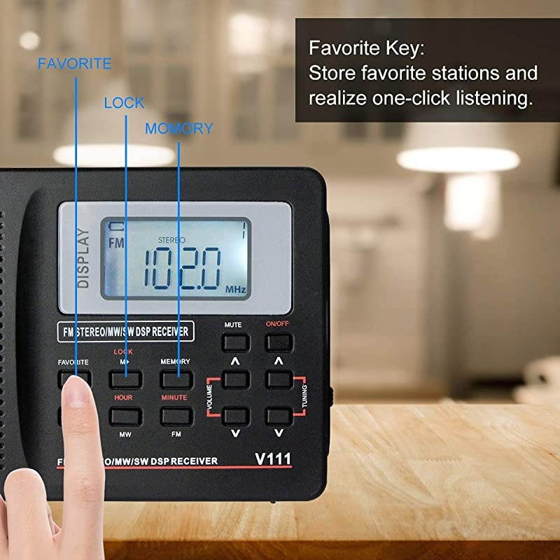 V111 Portable AM FM Shortwave Radio Alarm Clock Battery Operated AA Battery with Earphones Jack Sleep Timer for TravelBlack