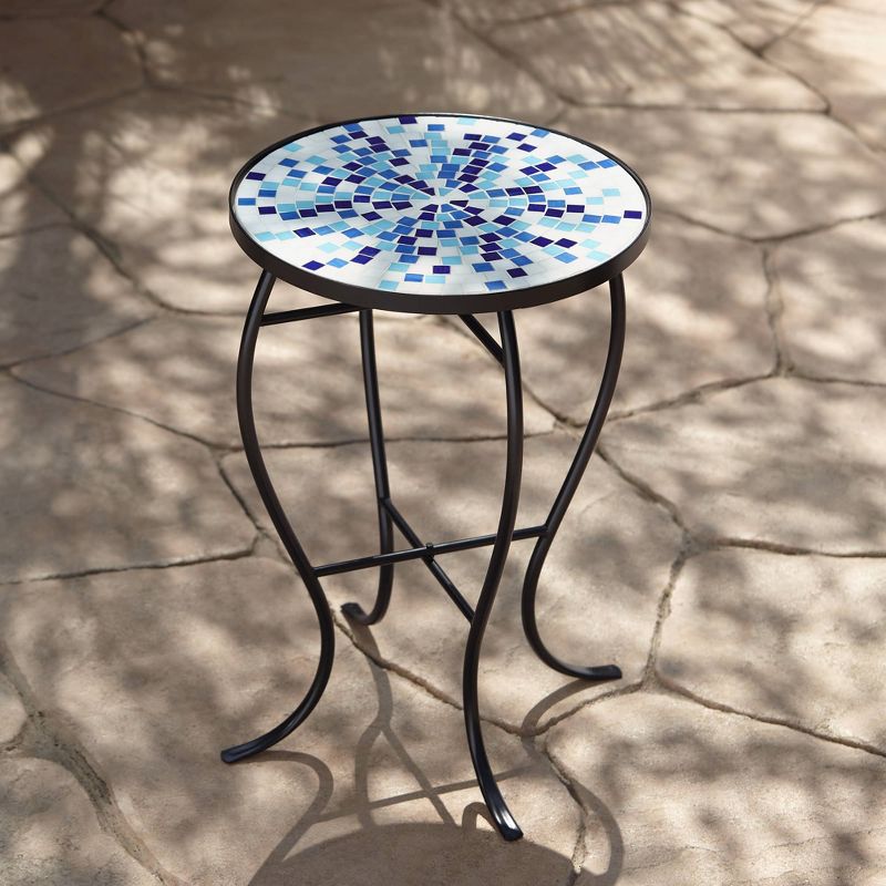 Teal Island Designs Multi Blue Mosaic Black Iron Outdoor Accent Table