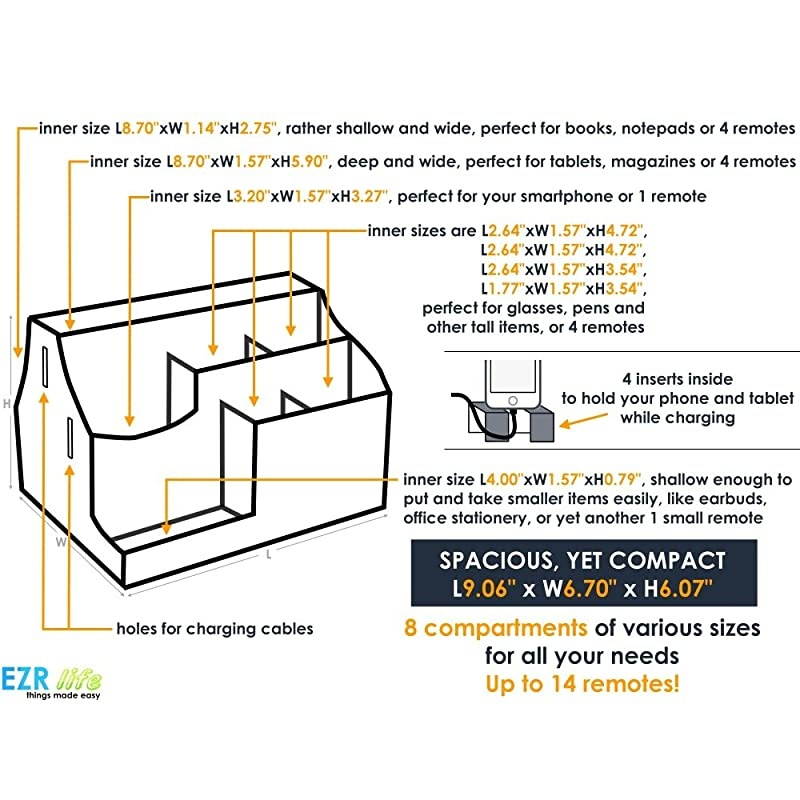 AllinOne Remote Control Holder Caddy Organizer Brown Leather Also Holds Phones Tablets Books Glasses 8 compartments up to 14 remotes