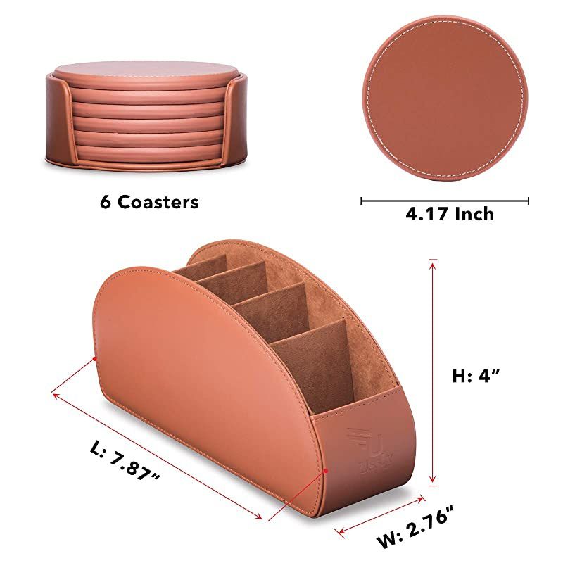 Remote Control Holder Organizer BoxPU Leather Universal Remote Caddy Desktop Organizer 5 Storage Compartments for Office and Set of 6 Round Protection Coasters for Furniture Table Dining Drinks
