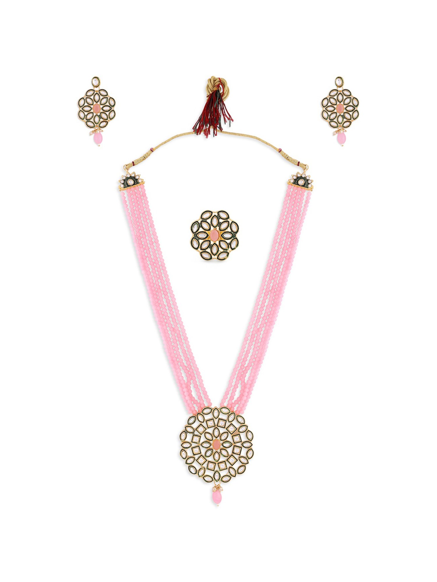 Zaveri Pearls Pink Multistrand Beaded Kundan Long Necklace Earring & Ring Set-ZPFK13783