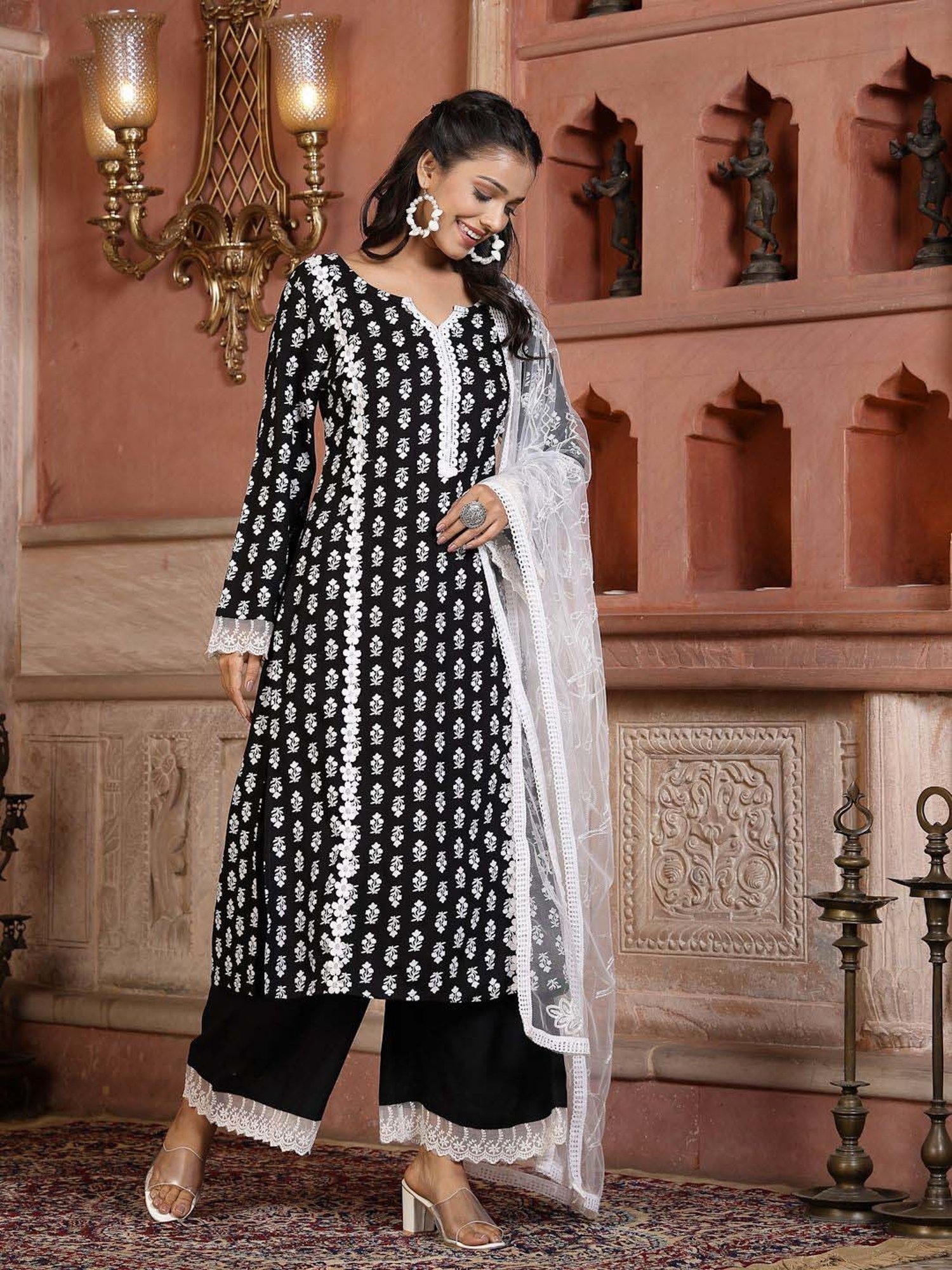 Stylum Black Printed Kurta Palazzo Set With Dupatta