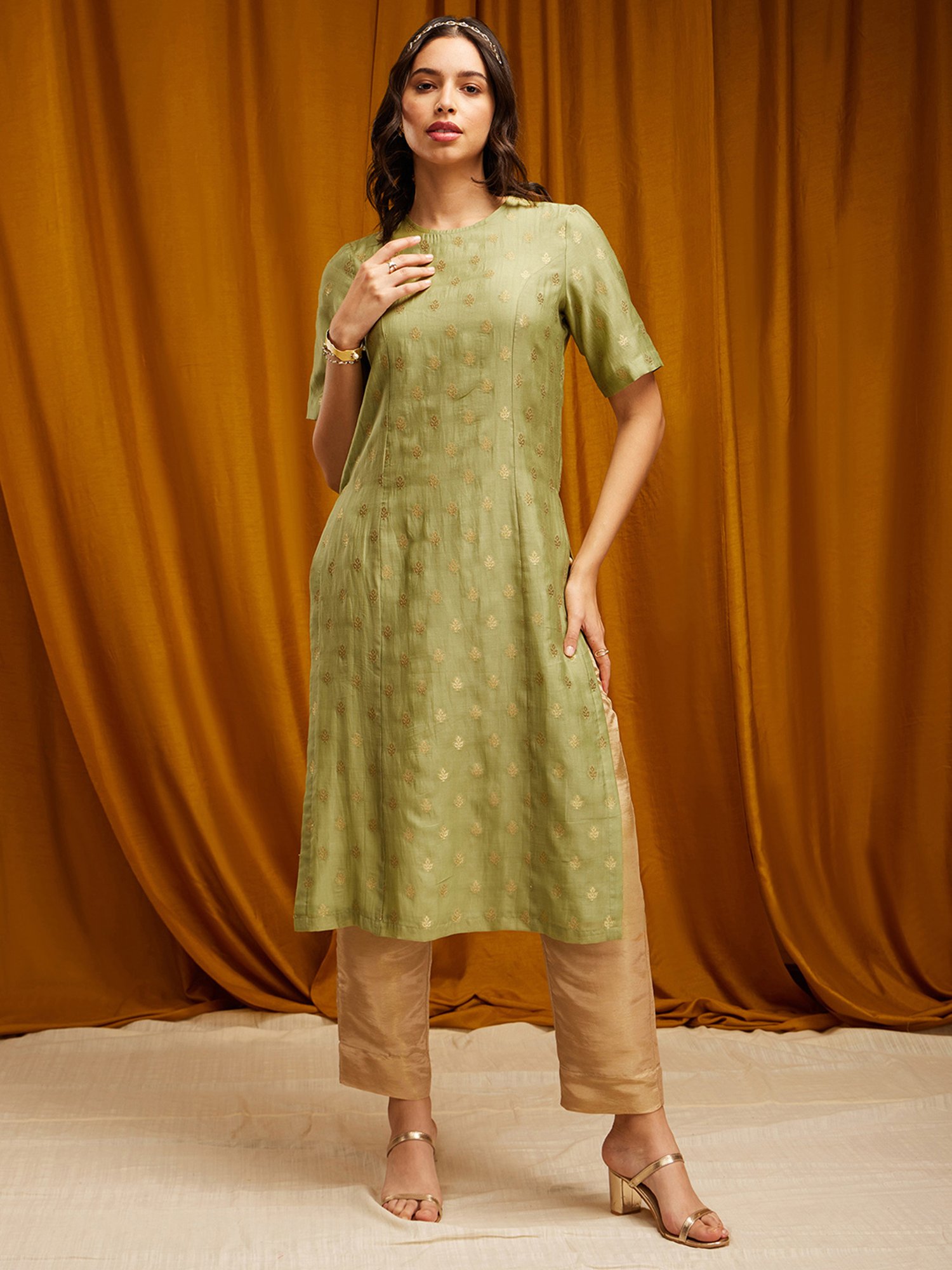 Pink Fort Lime Green Printed Straight Kurta