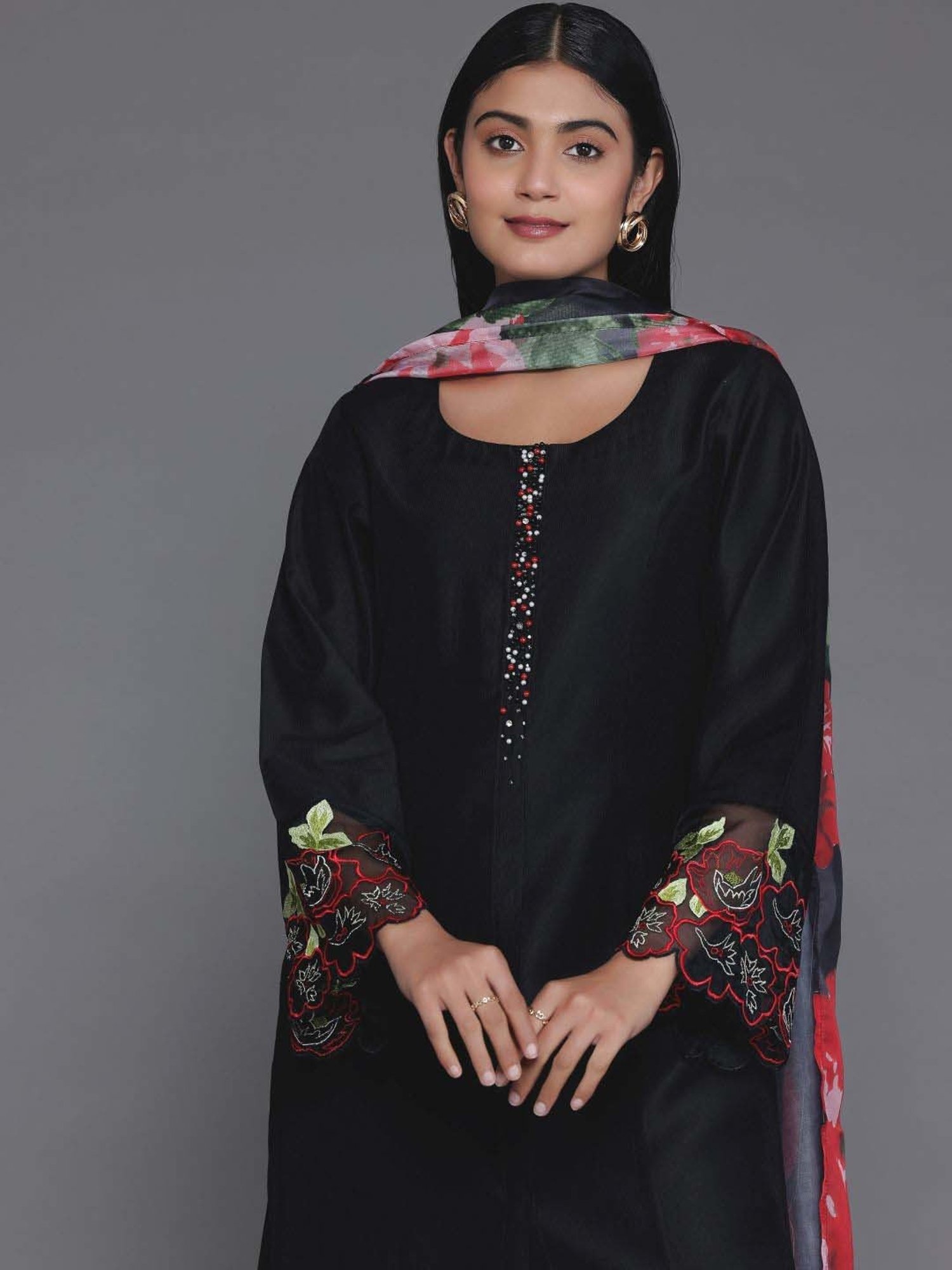 Libas Black Embellished Kurta & Pant Set With Dupatta