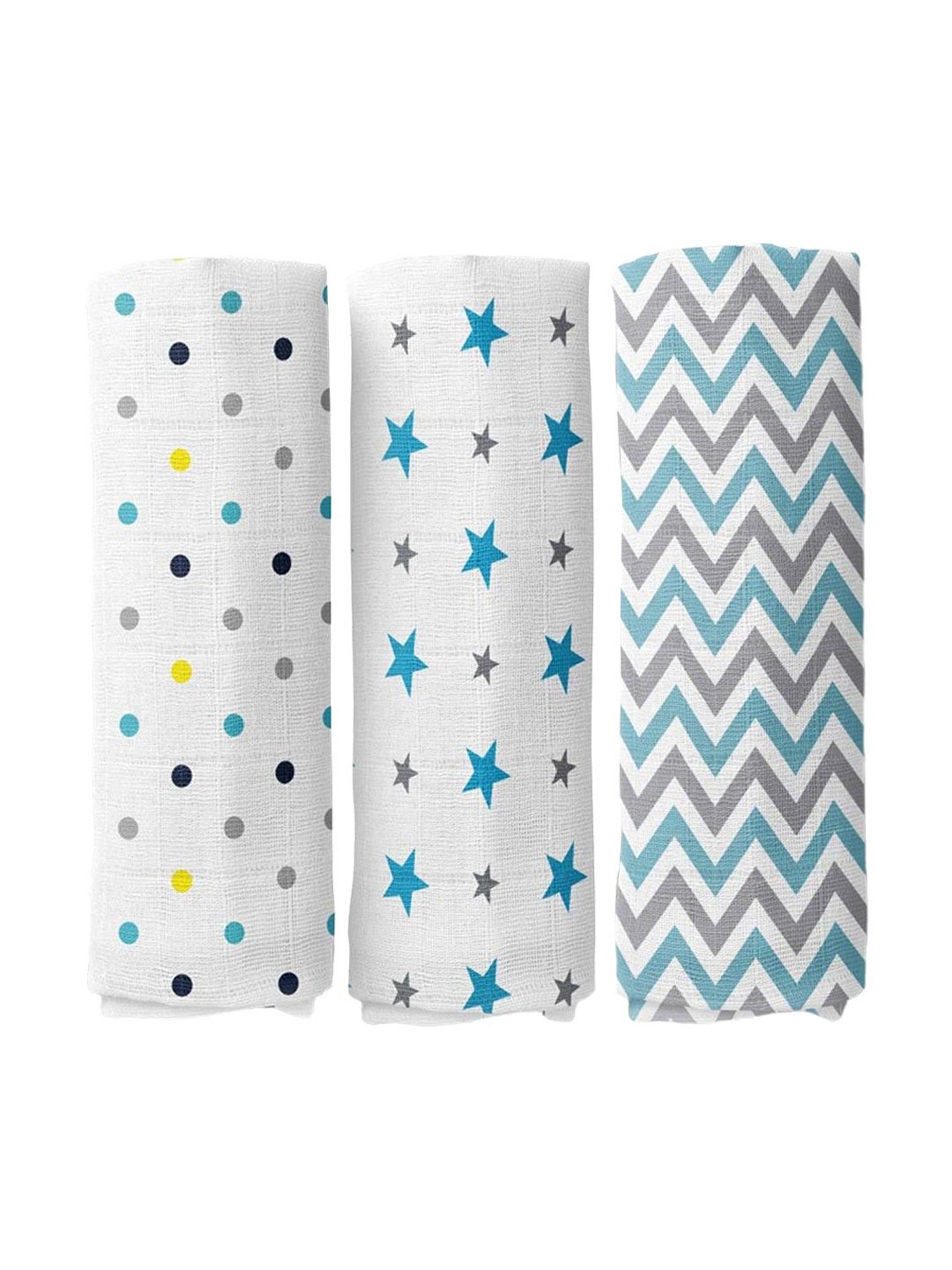 Haus & Kinder Printed Blue 40 TC Cotton New Born Swaddle Wrap - Set of 3