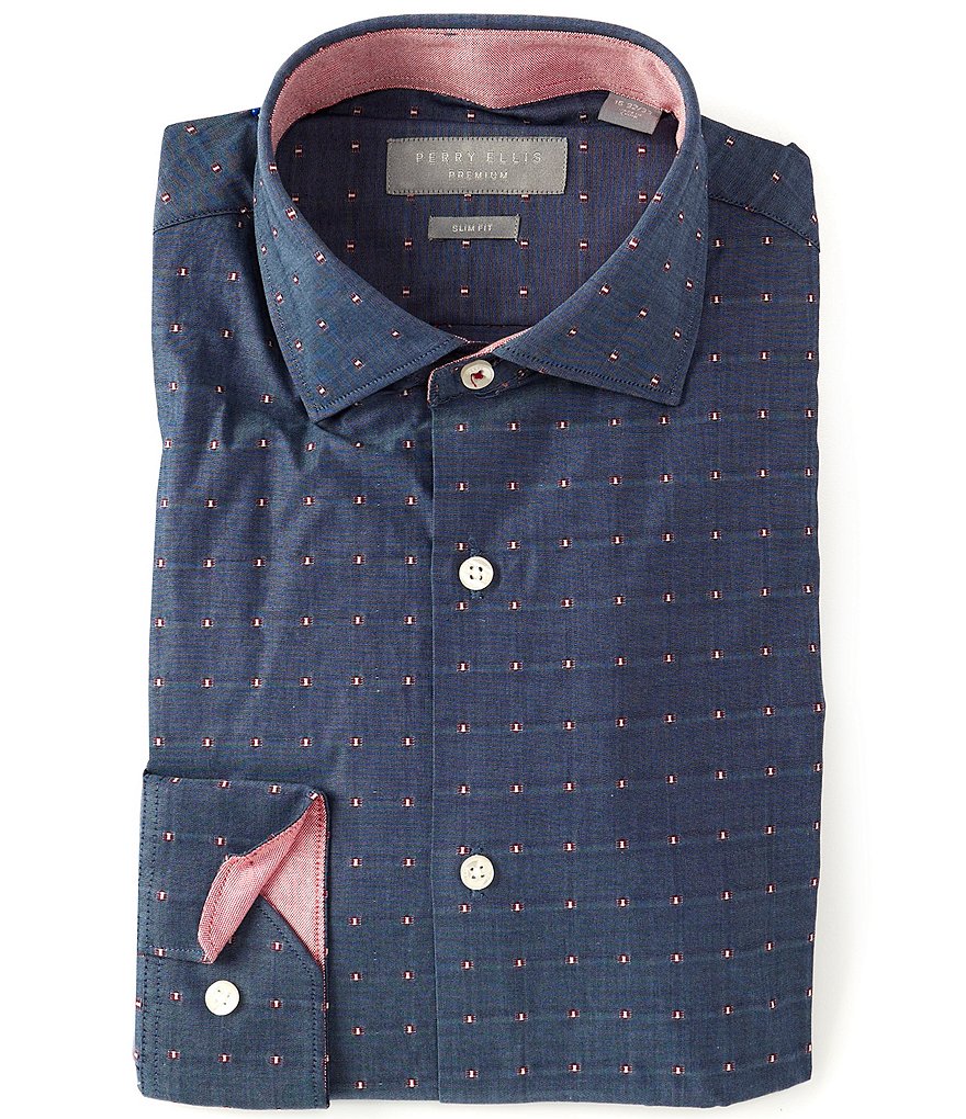 Perry Ellis Premium Non-Iron Slim-Fit Spread-Collar Dobby Dot Dress Shirt