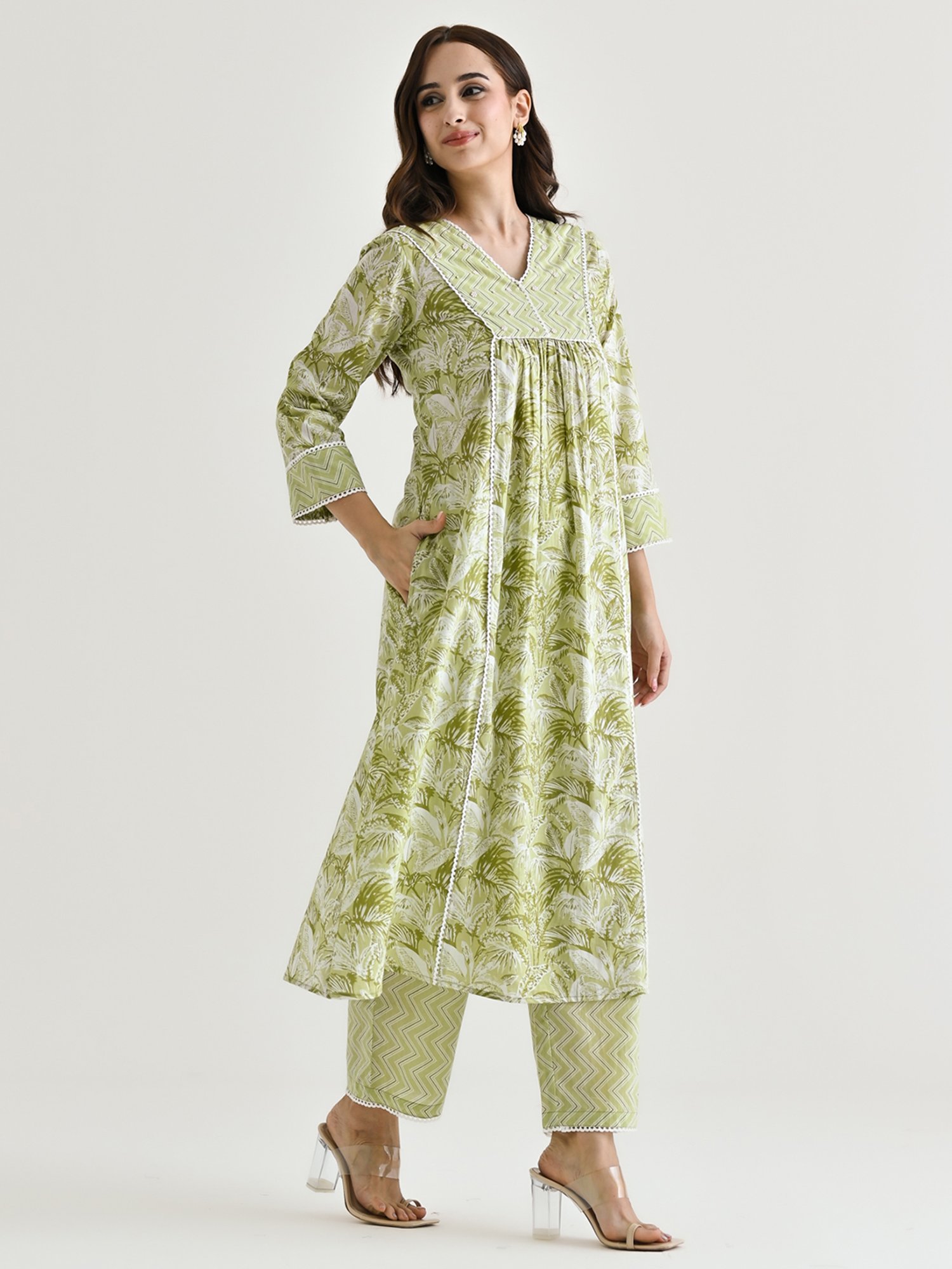 Rustorange Lime Green Printed A Line Kurta