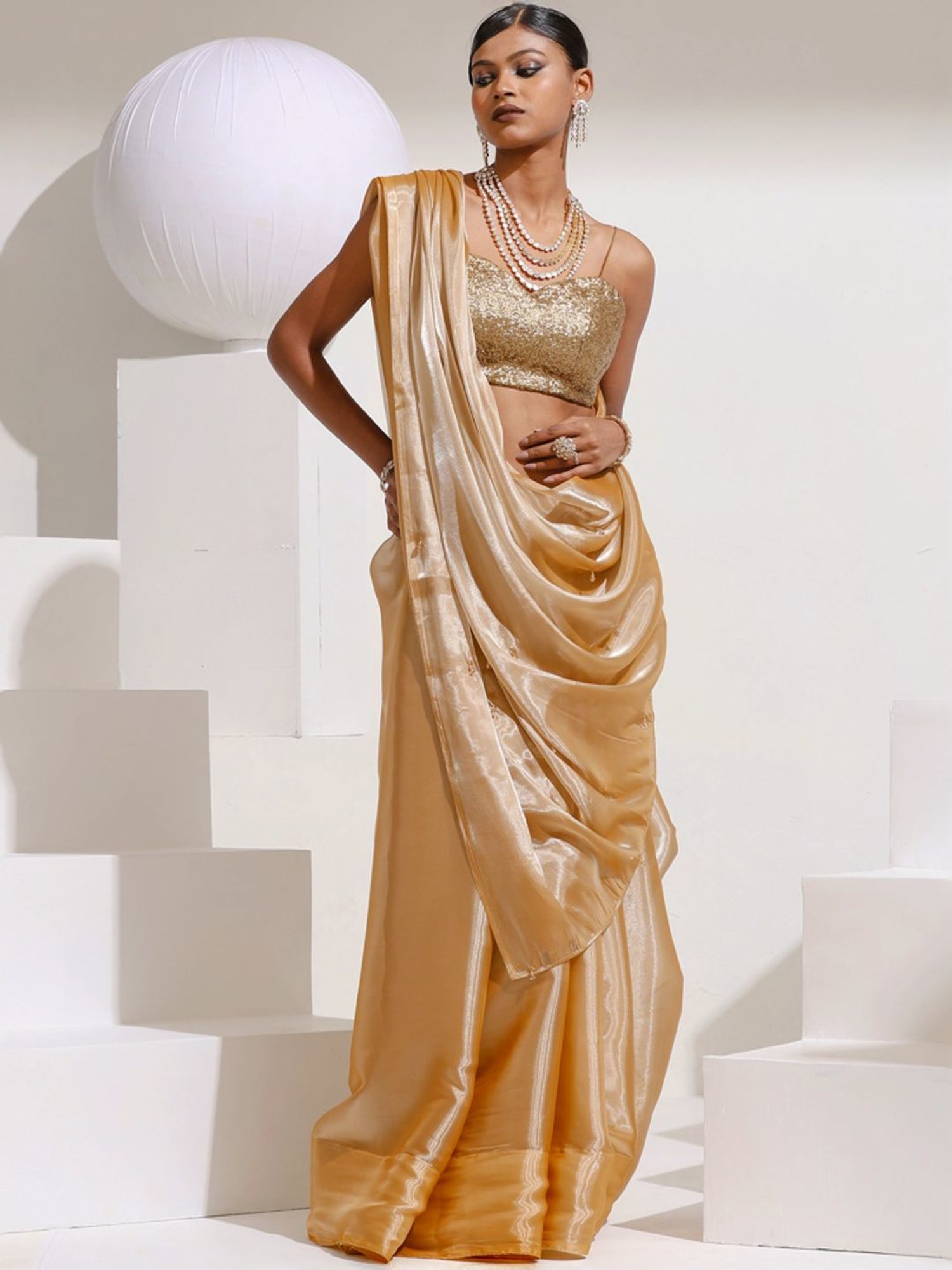 Swtantra Beige Embellished Saree With Unstitched Blouse