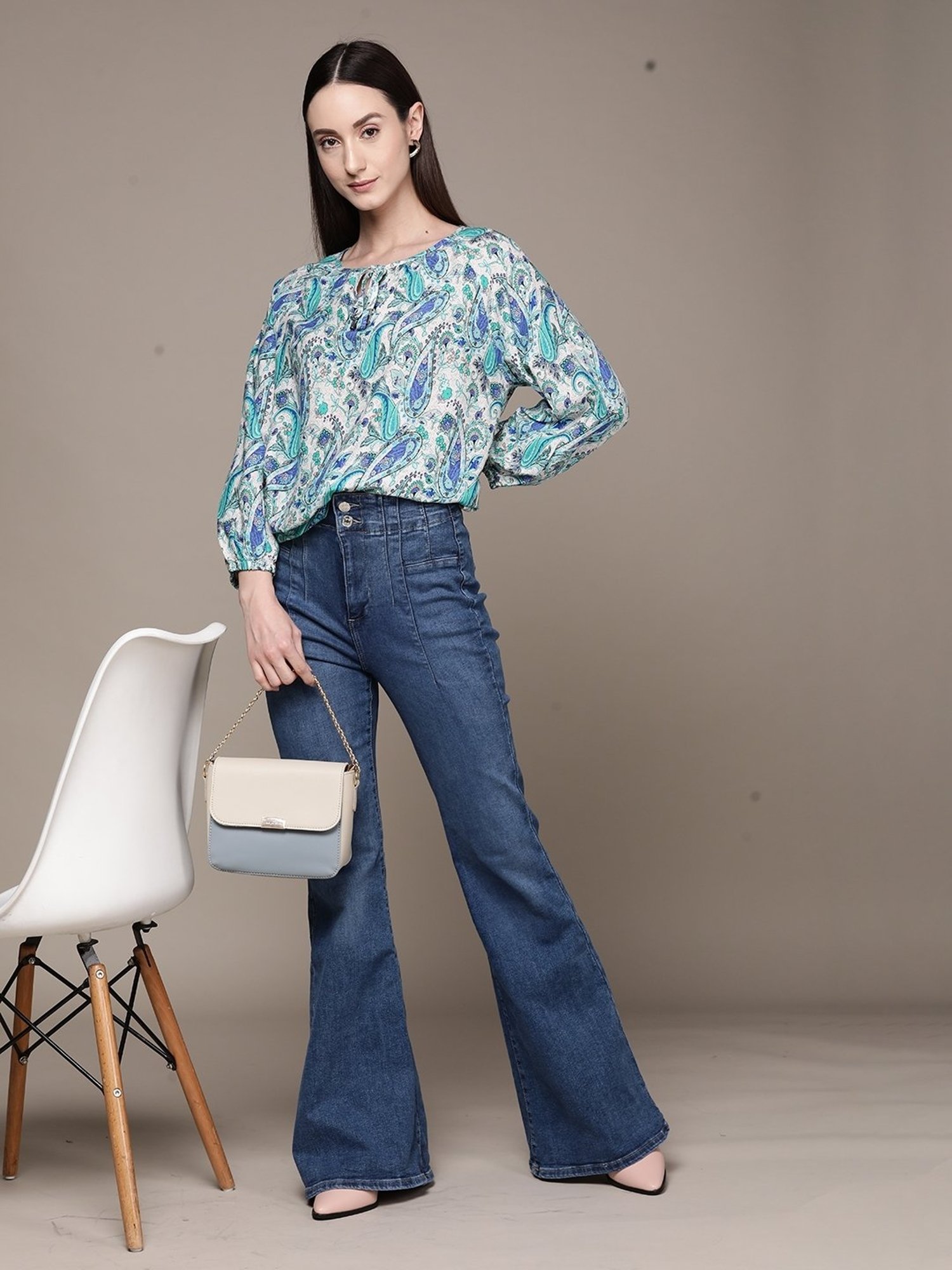 Label Ritu Kumar Blue Rayon Botanic Print Top