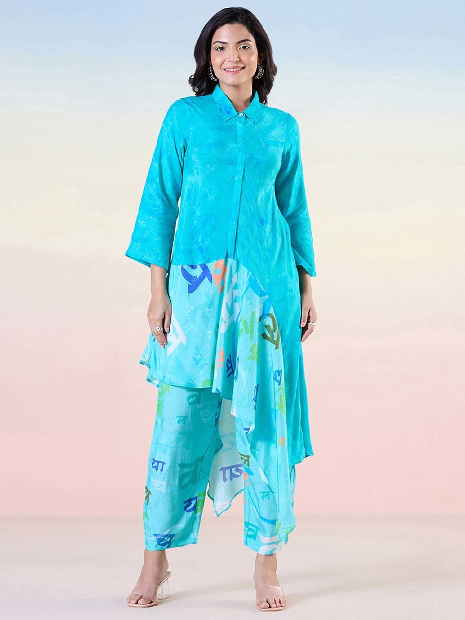 Melon by PlusS Blue Printed Shirt Pant Set