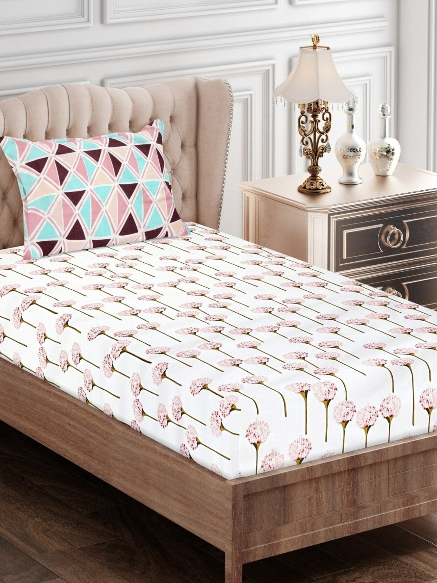 SEJ by Nisha Gupta Floral Pink 160 TC Cotton Single Bed Sheet with 1 Pillow Cover