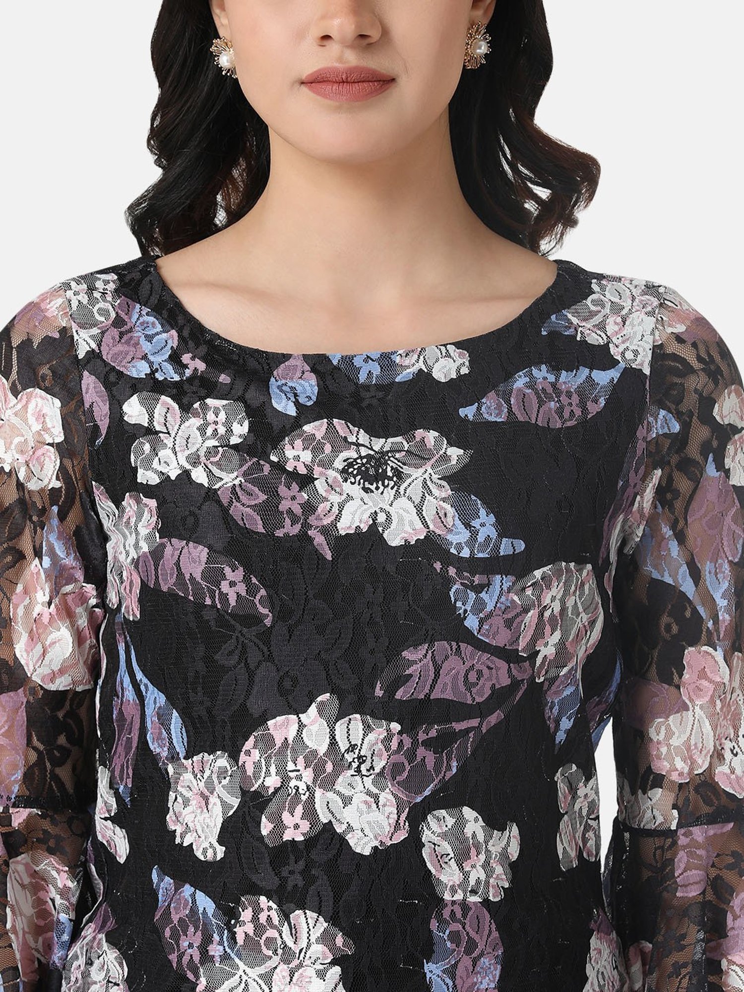 Kazo Printed Lace Top With Bell Sleeves