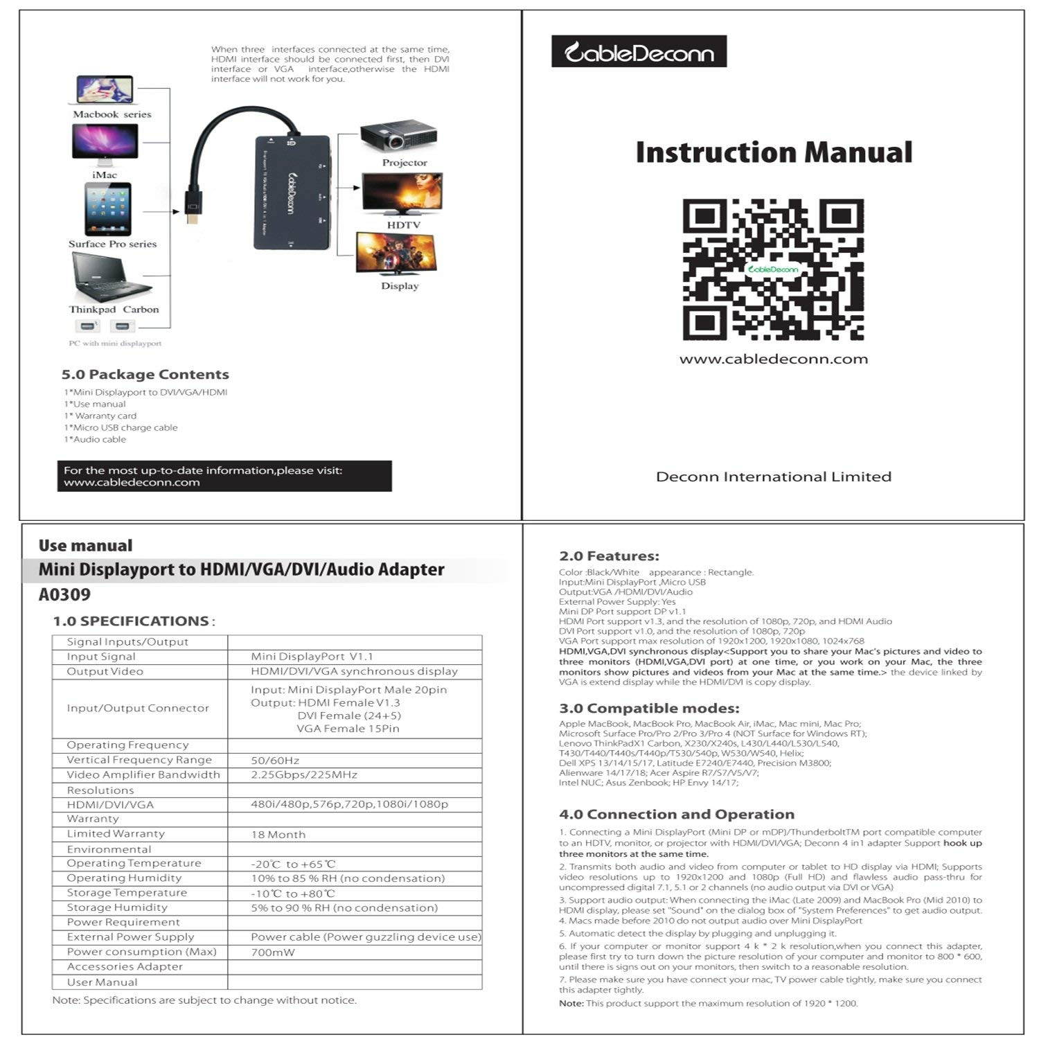 CableDeconn 4-in-1 Mini Displayport (Compatible Thunderbolt) to Hdmi dvi vga Adapter Cable with Audio Output Converter for Apple Macbook Air  Supports 3 Monitors At the Same Time