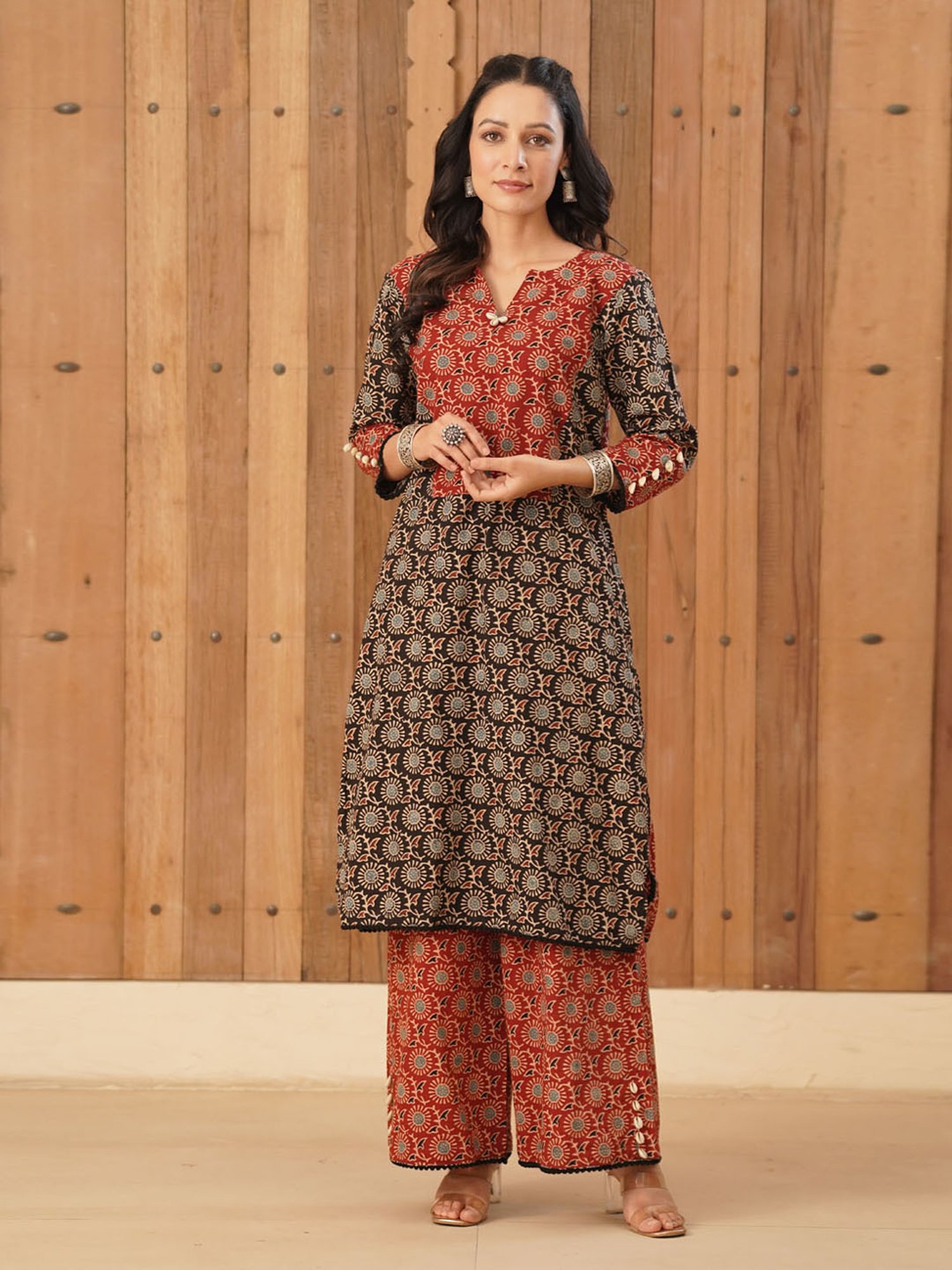 Love Chic Ajrakh Cotton Kurta with cowrie shells and crochet lace details