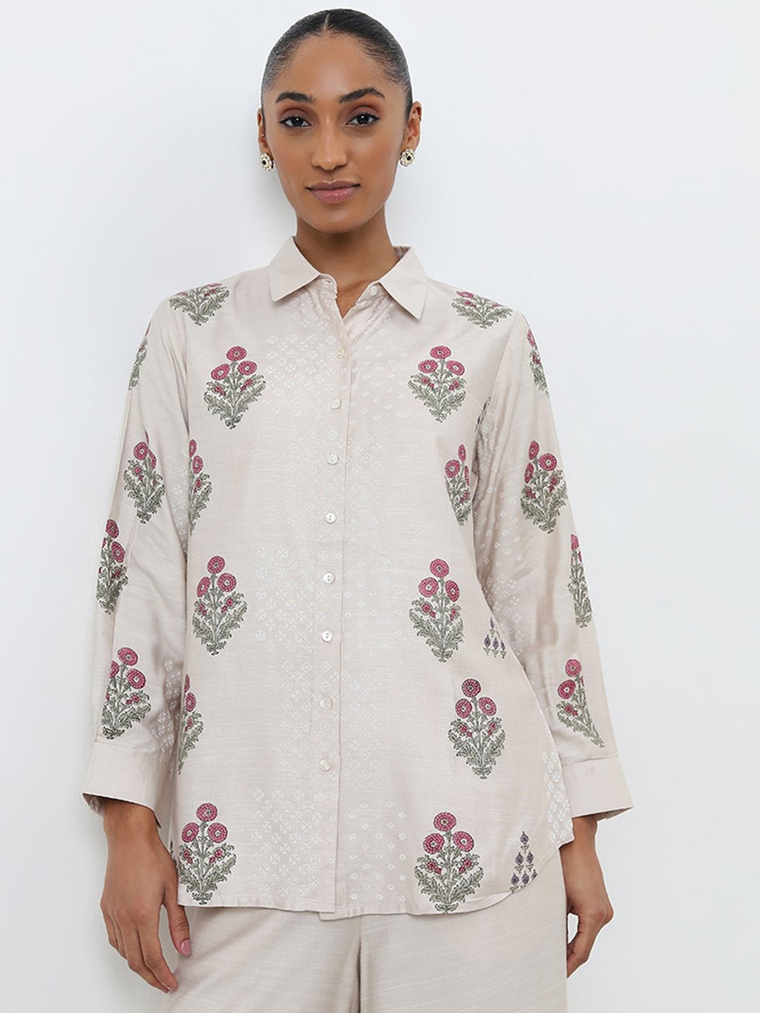Zuba by Westside Beige Floral Printed Straight Tunic