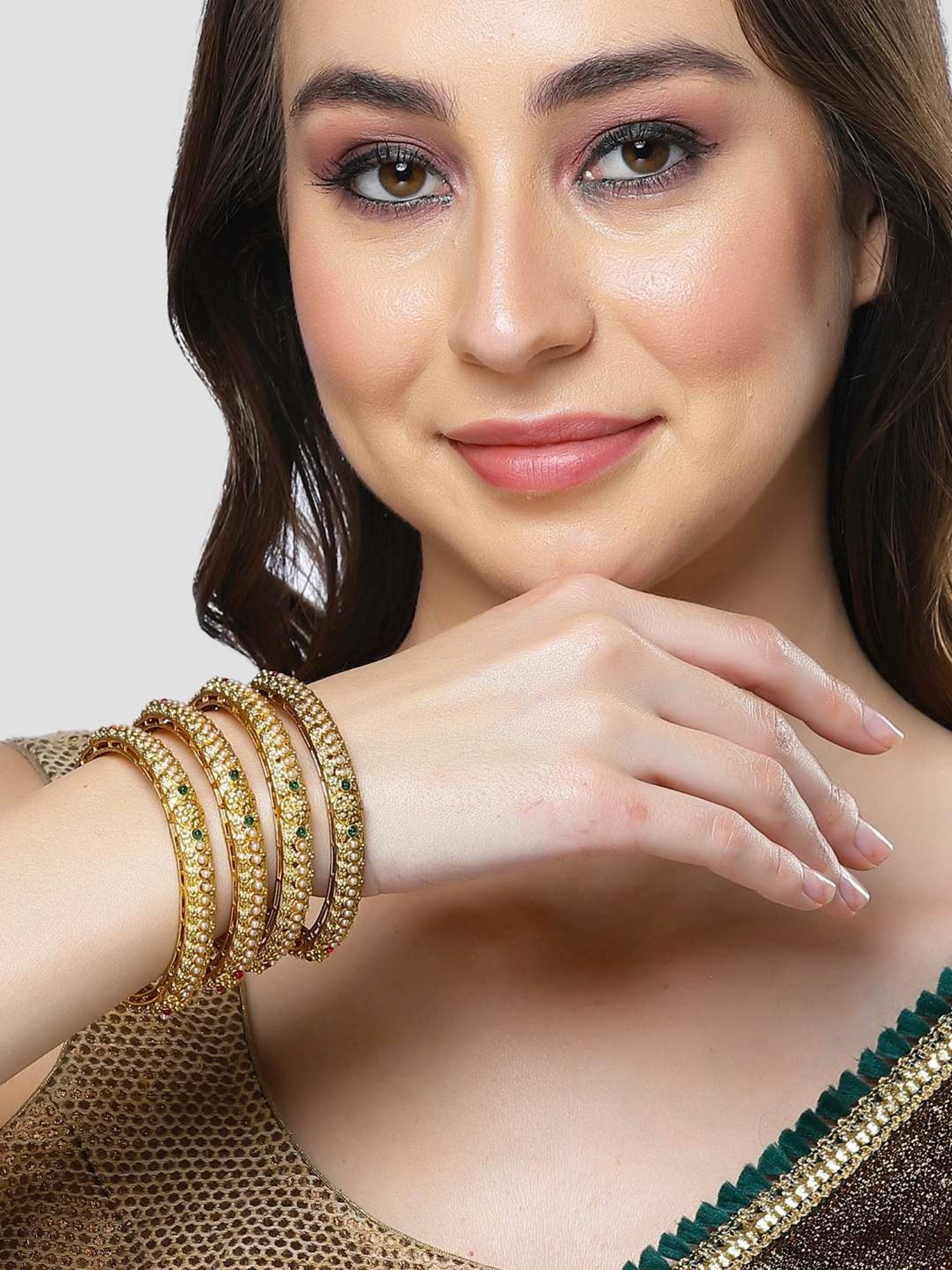 Karatcart Gold-Plated Pearl Studded Bangles for Women - Set of 4