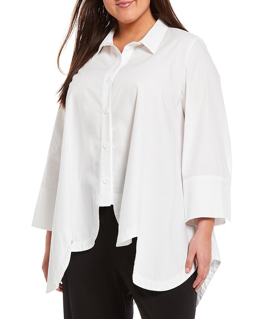 IC Collection Plus Size Scallop Hem Button Front Point Collar Neck Bracelet 3/4 Sleeve Blouse