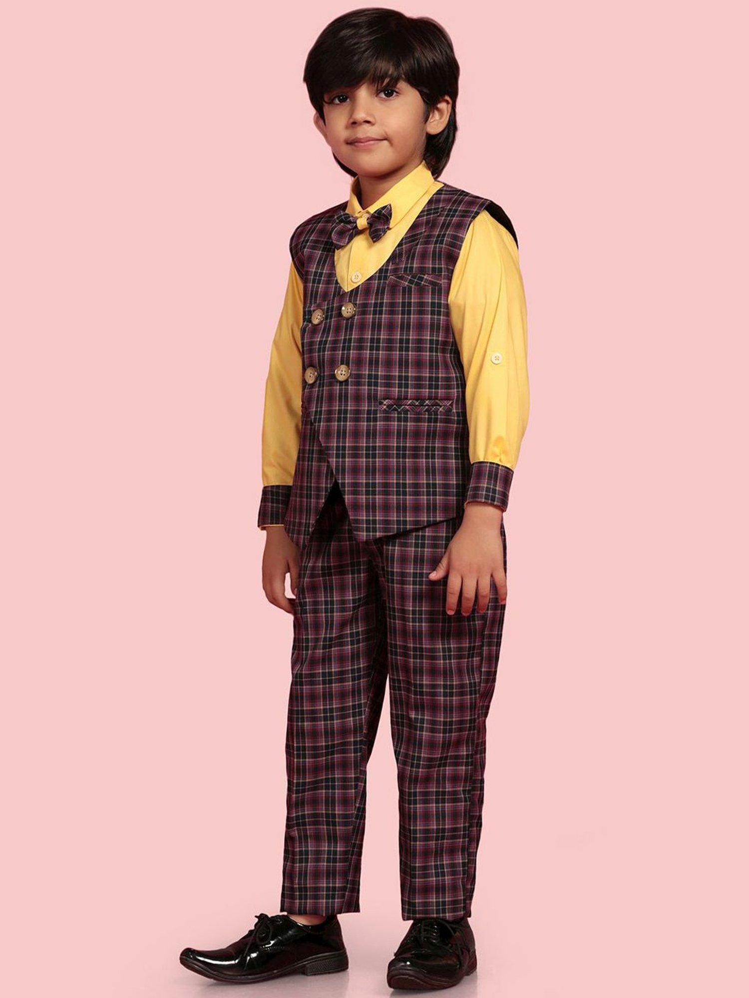 AJ Dezines Kids Purple & Yellow Chequered Full Sleeves Shirt Set