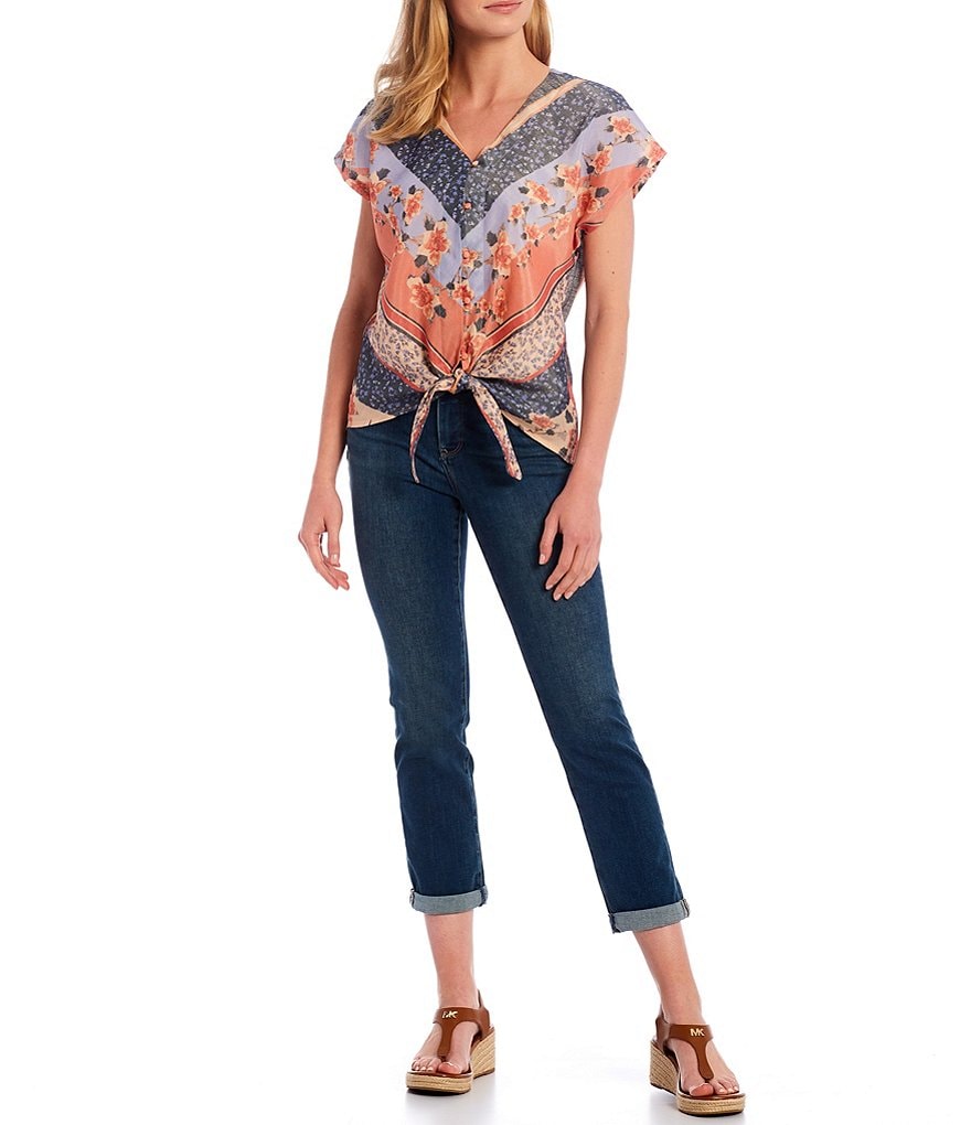 Bobeau Lucille Wallpaper Print V-Neck Short Sleeve Button Down Tie-Front Top