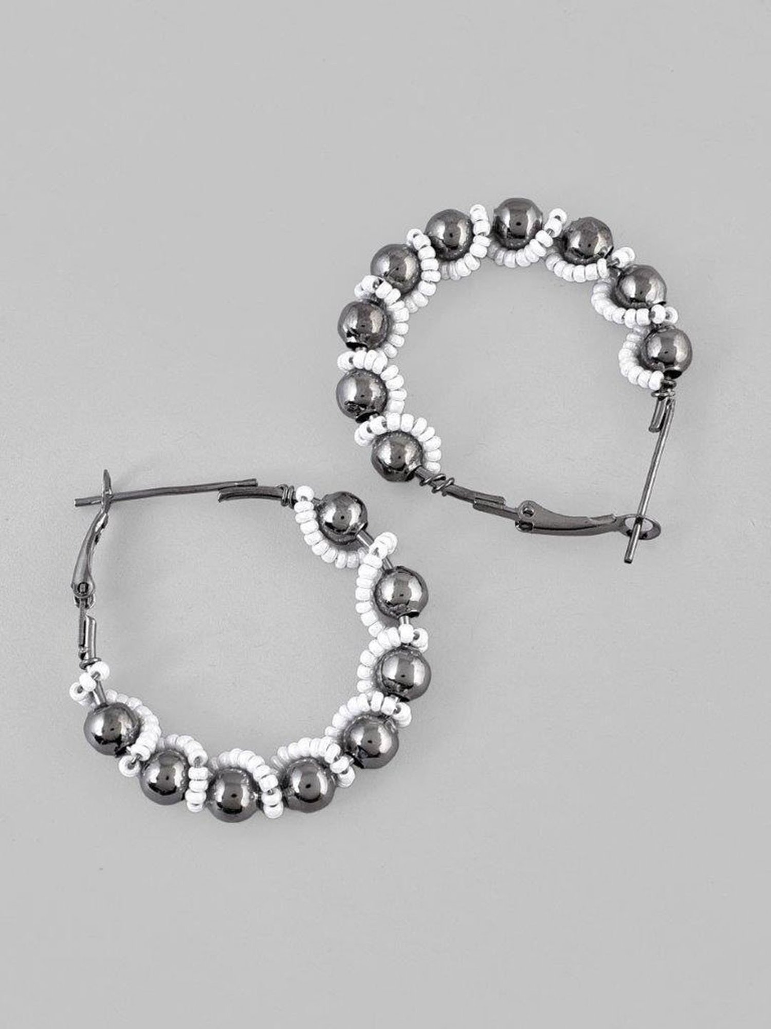 VOJ White Pearl with Silver Bead Hoop Earrings for Women
