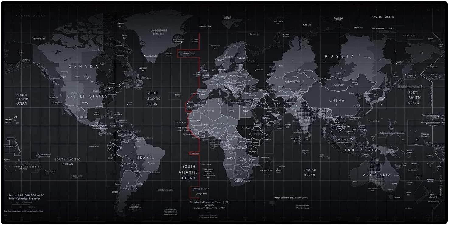 Sim's Extended Large Size, Gaming Mouse Pad, Non-Slip Rubber Base, XXXL Size Desk Pad, Black World Map & Color Sewn (Black, [XXL] 31.5"x11.8"x0.12")