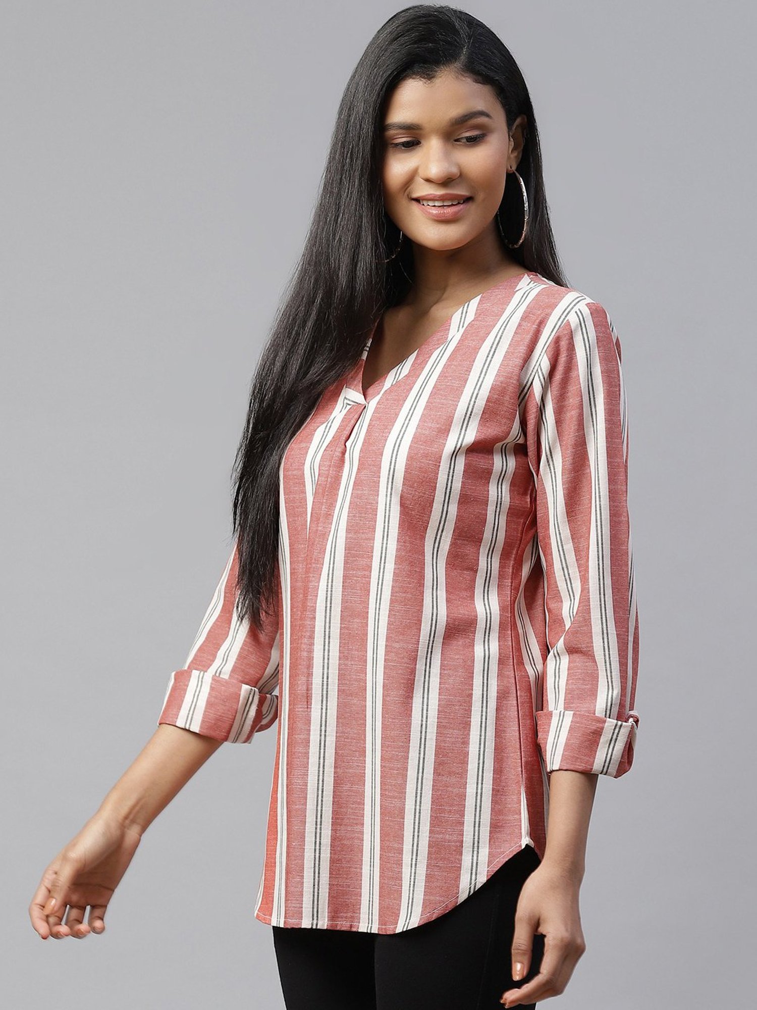 Cottinfab Off White & Red Striped Cotton Top
