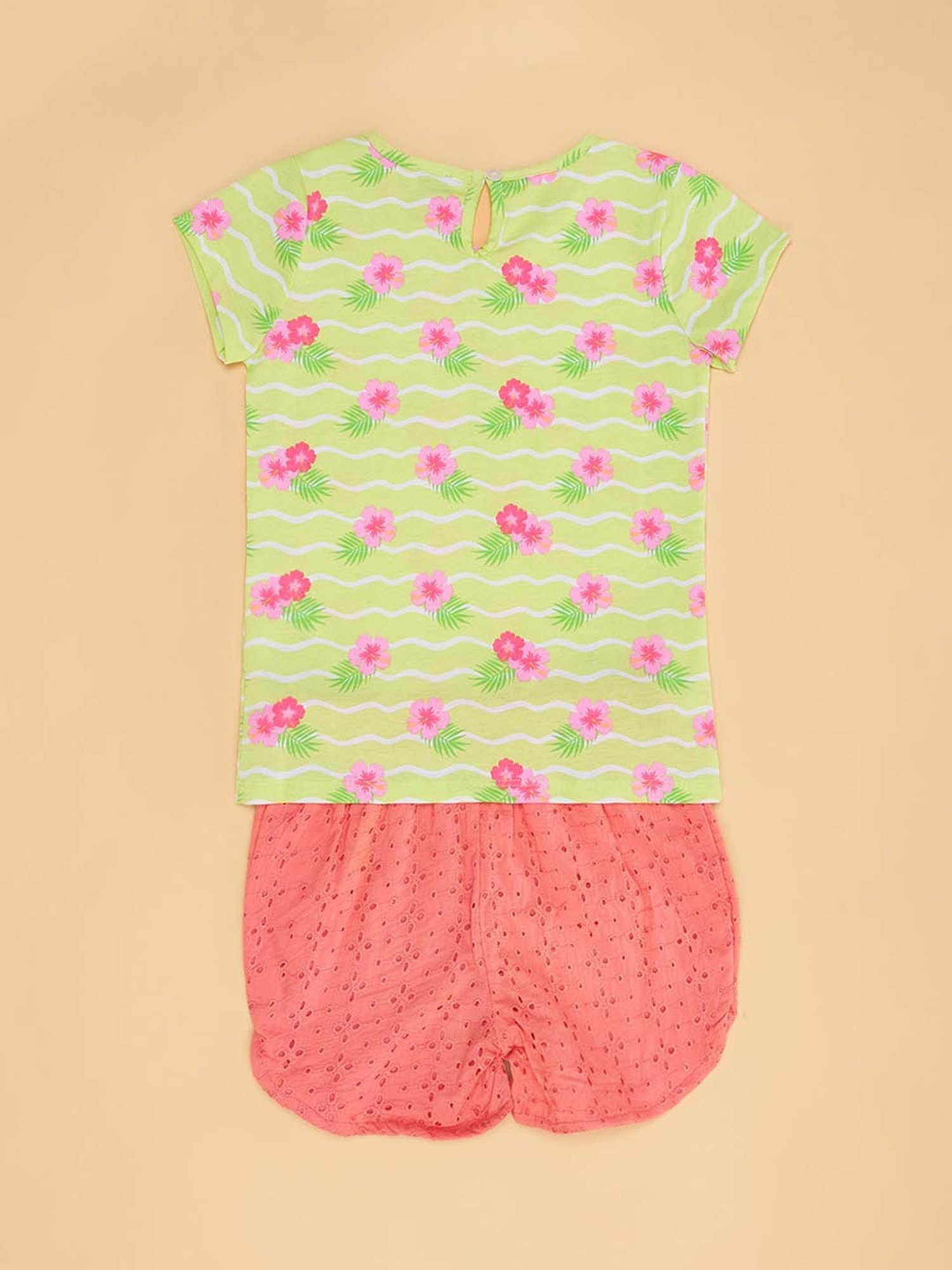 YU by Pantaloons Kids Green & Peach Cotton Floral Print T-Shirt Set