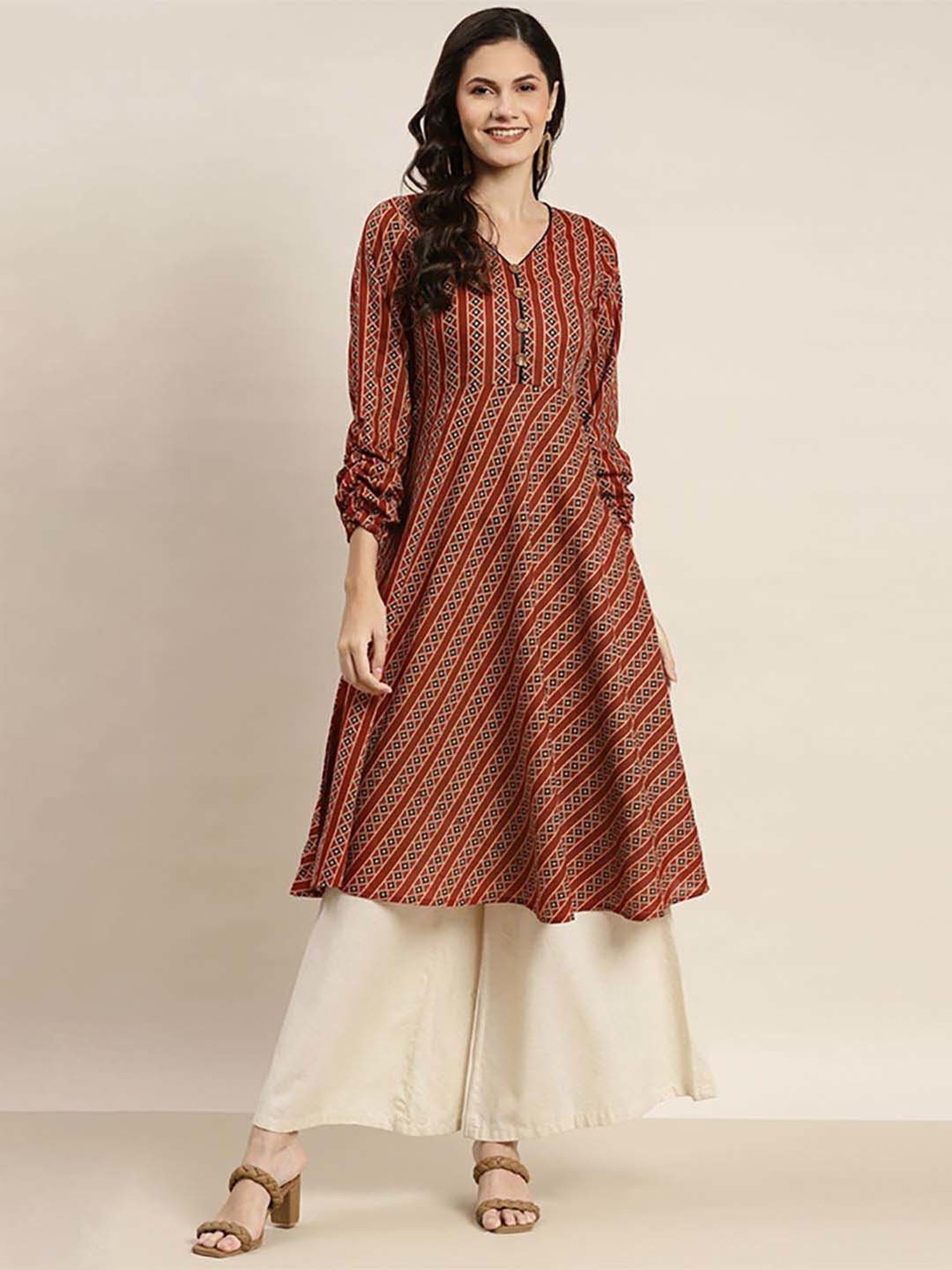 Jompers Brown Cotton Printed A Line Kurta