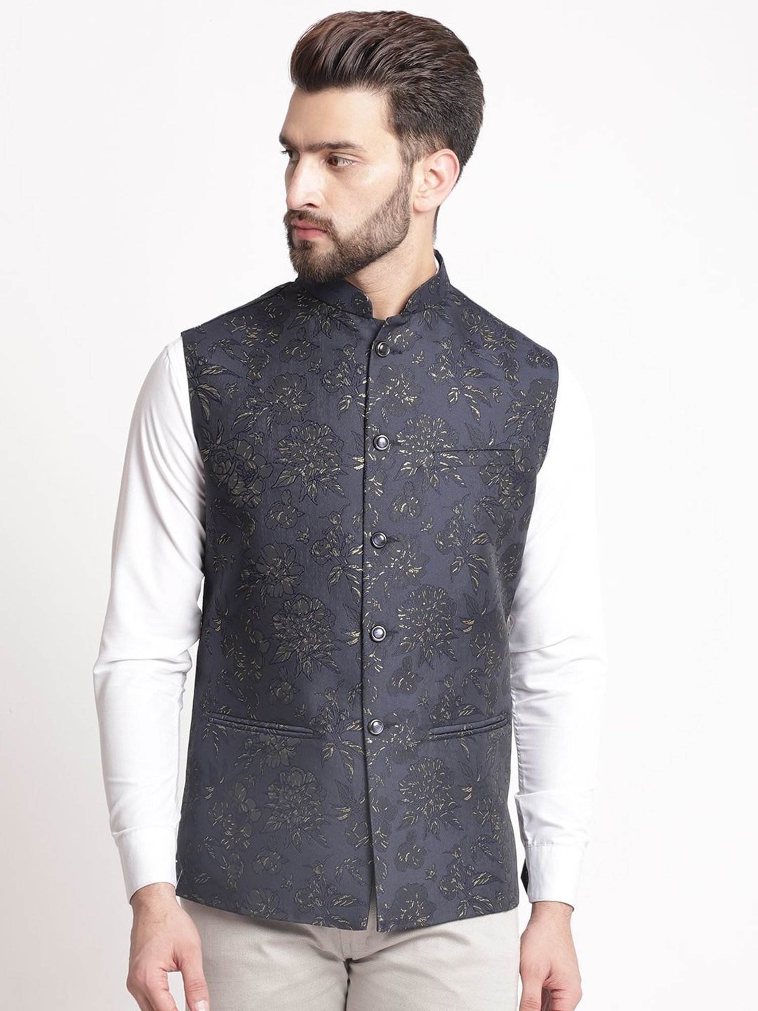 Treemoda Blue Regular Fit Embroidered Nehru Jacket