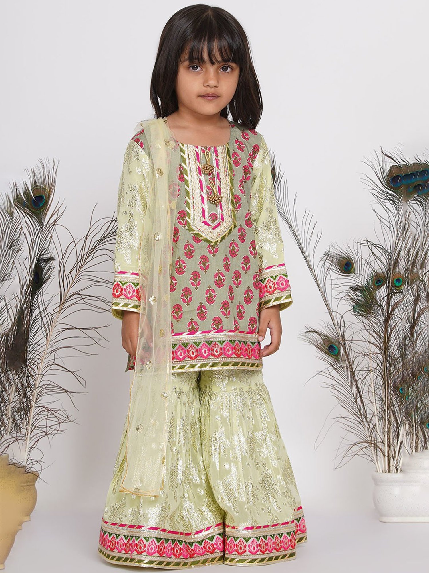 Little Bansi Green Embellished 1 Kurta, 1 Sharara & 1 Dupatta
