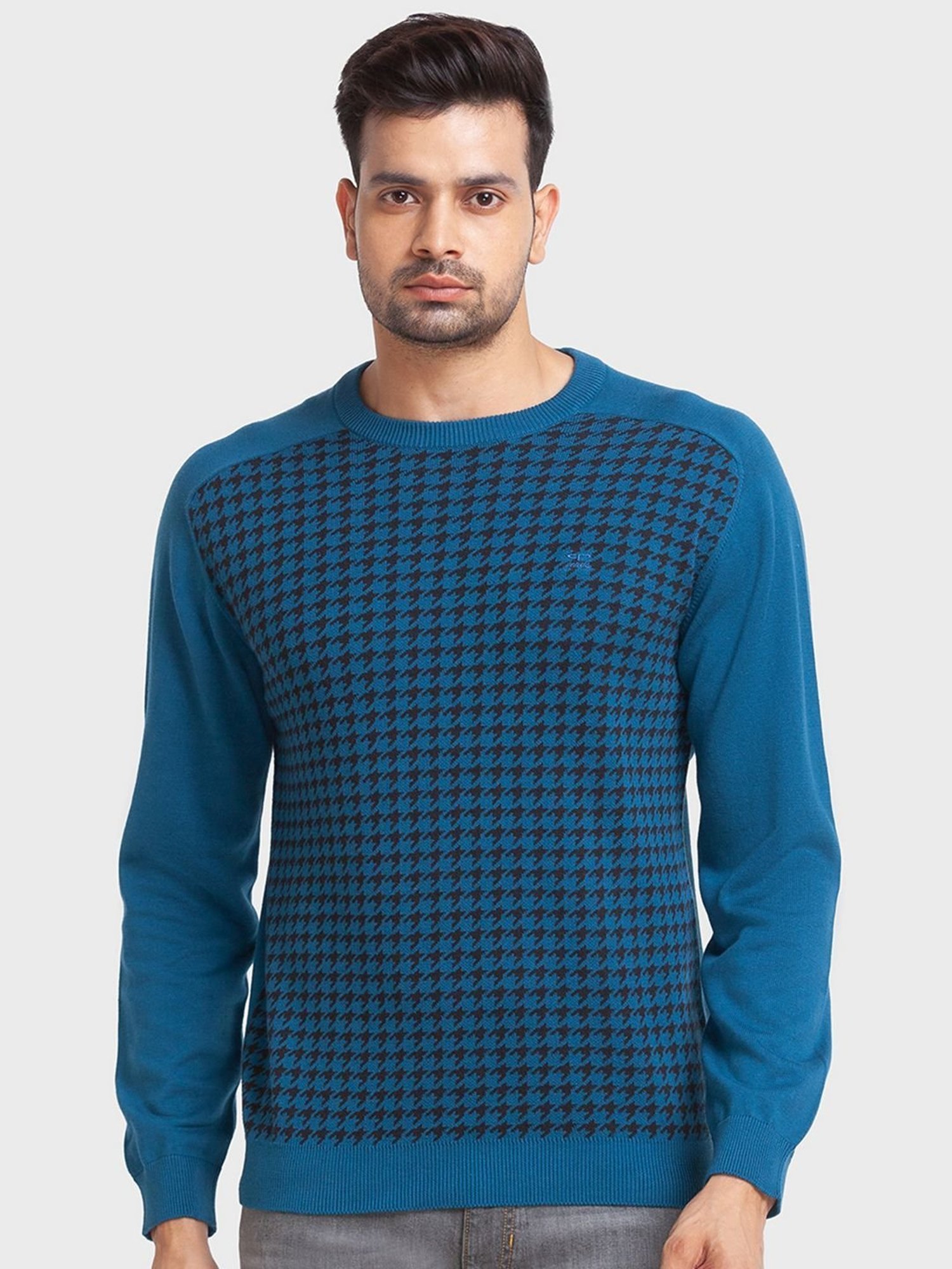 ColorPlus Blue Cotton Tailored Fit Self Pattern Sweaters