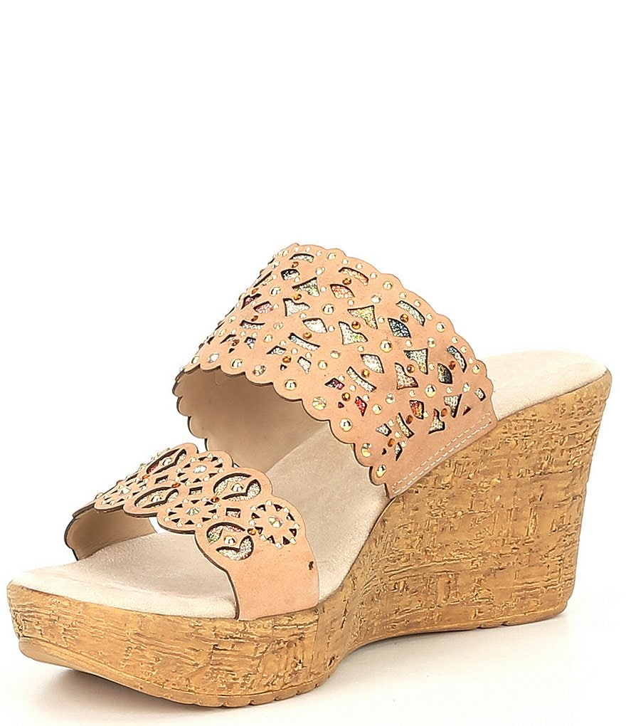 Onex Oppal Leather 2 Band Cork Wedge Slides