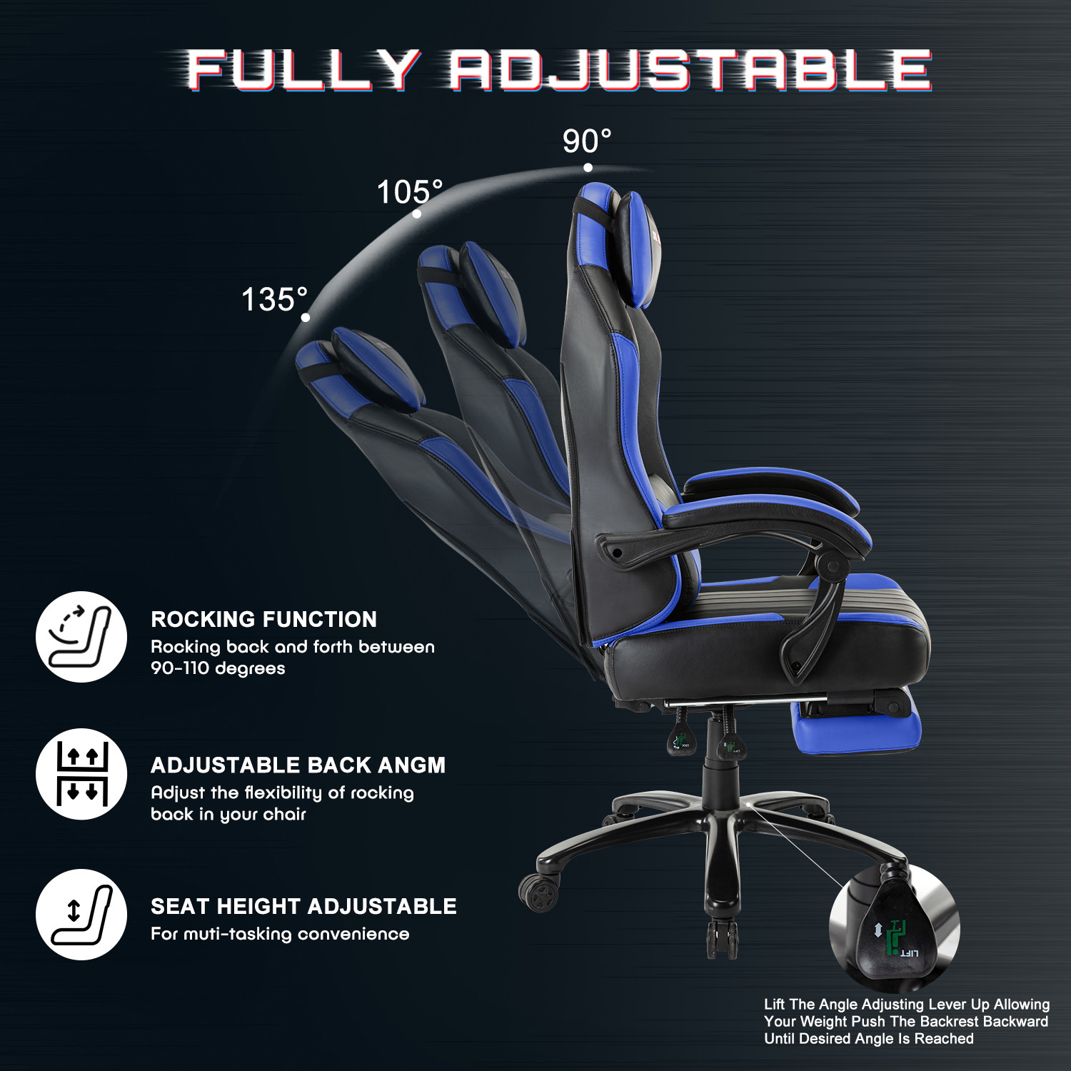 STRASPACE Big & Tall 400lb Memory Foam Reclining Gaming Chair Metal Base - Adjustable Back Angle and Retractable Footrest Ergonomic High-Back Leather Racing Executive Computer Desk Office Chair, Blue