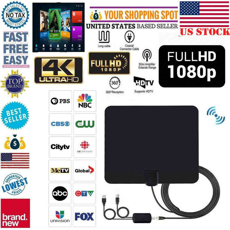 Antenna TV Digital HD 200 Mile Range Skywire TV Indoor 1080P 4K 16ft Coax Cables