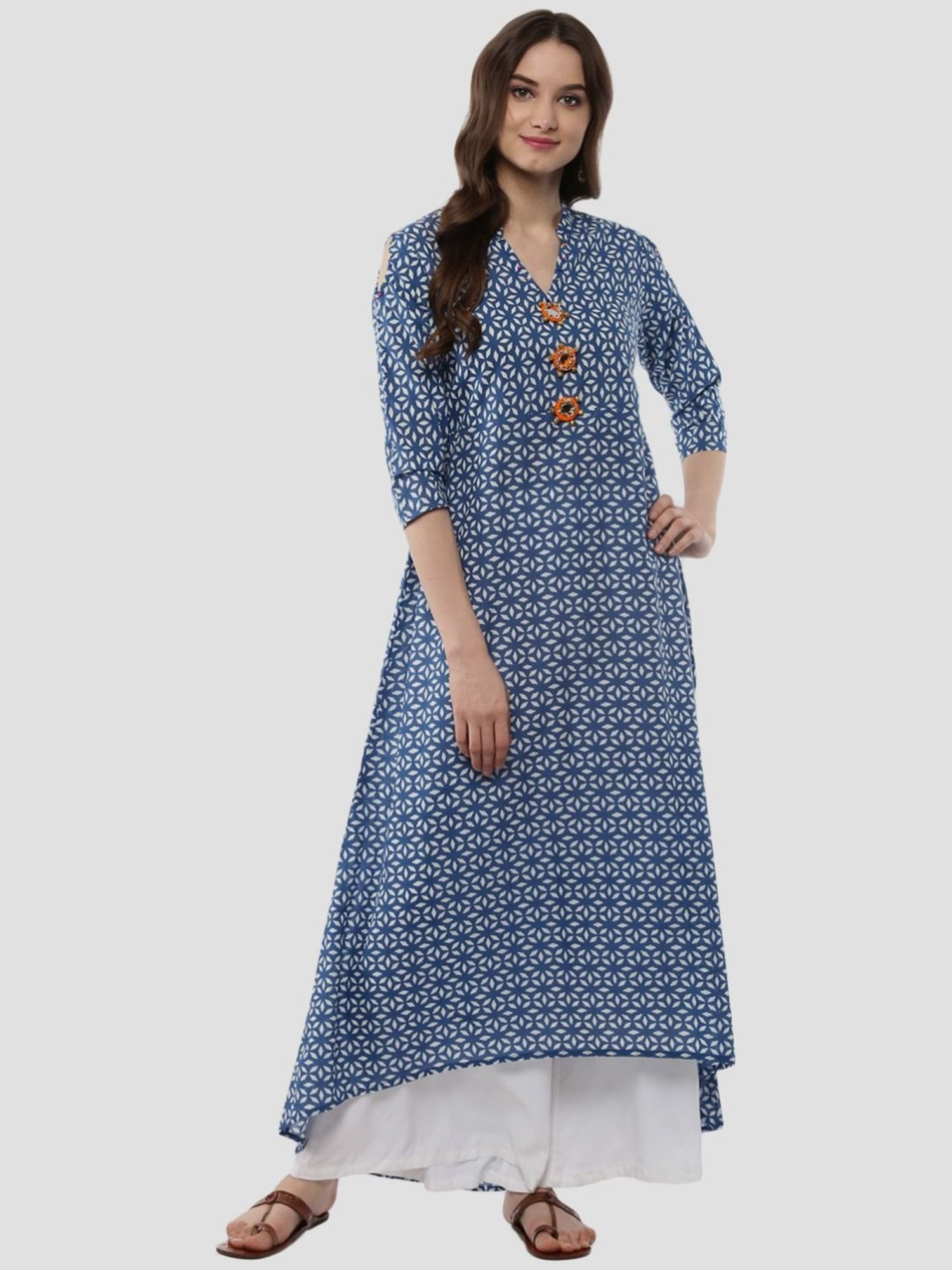 Sringam Blue Cotton Embellished A Line Kurta