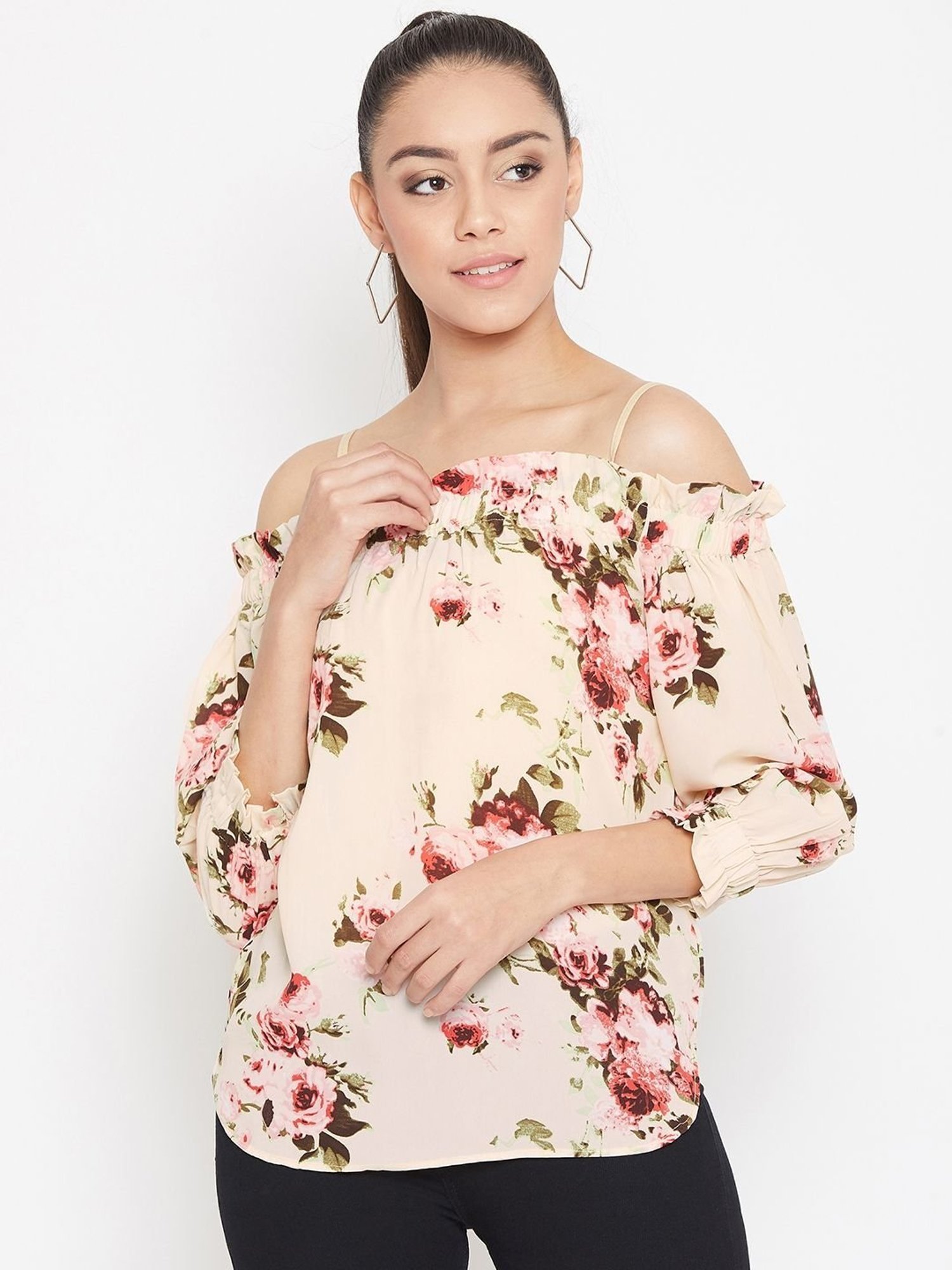 PURYS Cream Floral Print Top