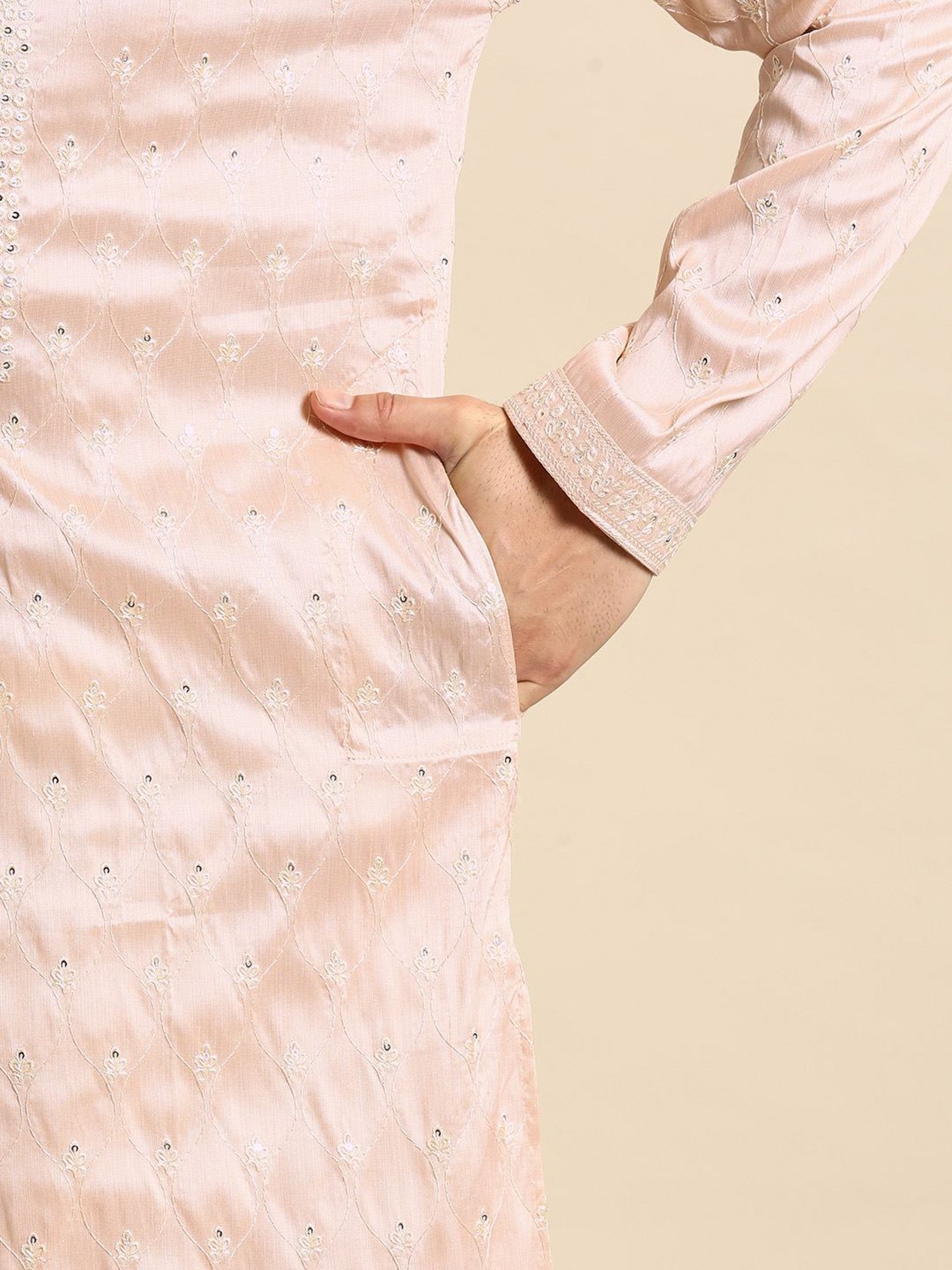 ManQ Peach Regular Fit Embroidered Kurta