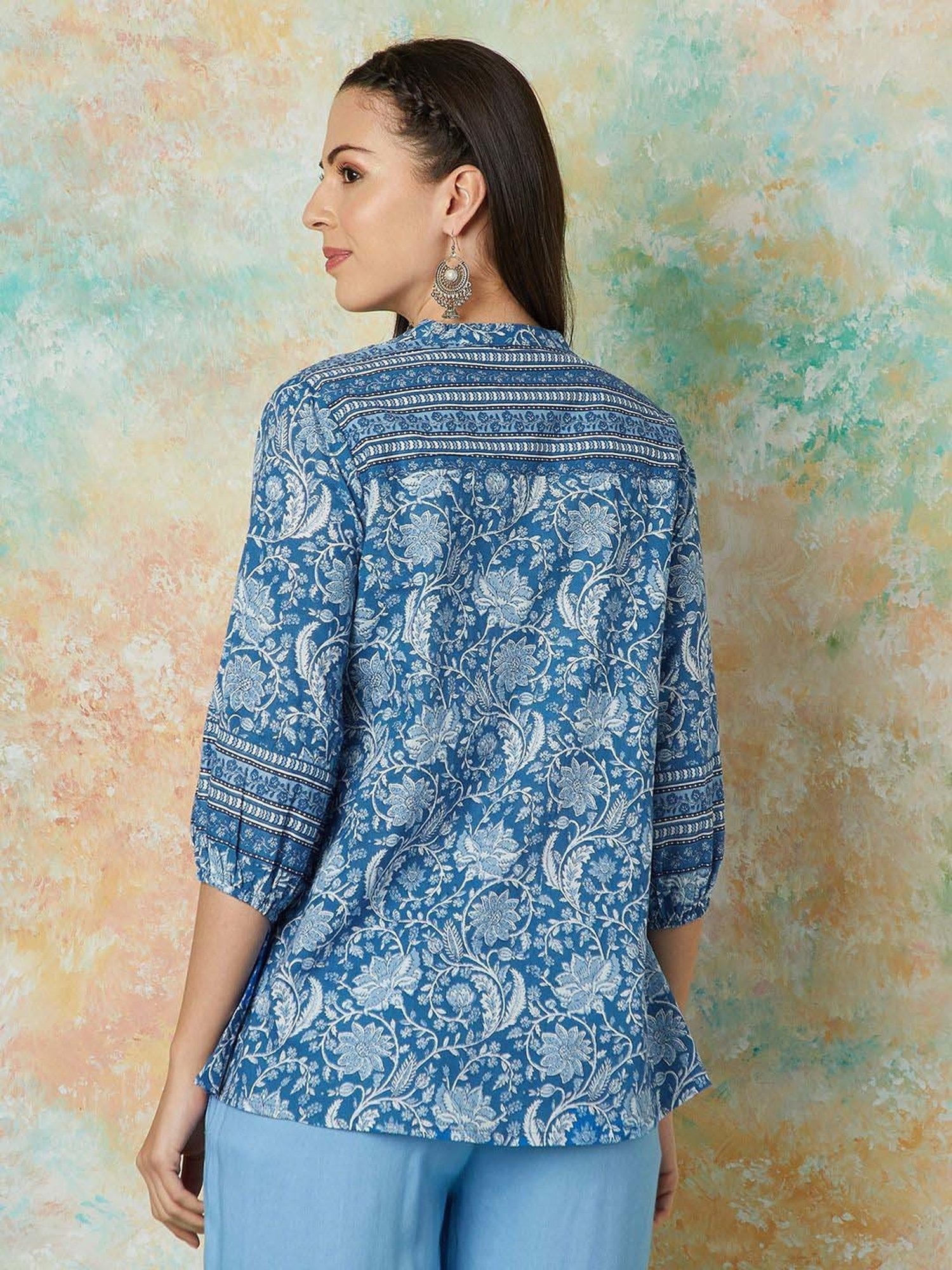 Melange by Lifestyle Blue Cotton Floral Print Tunic