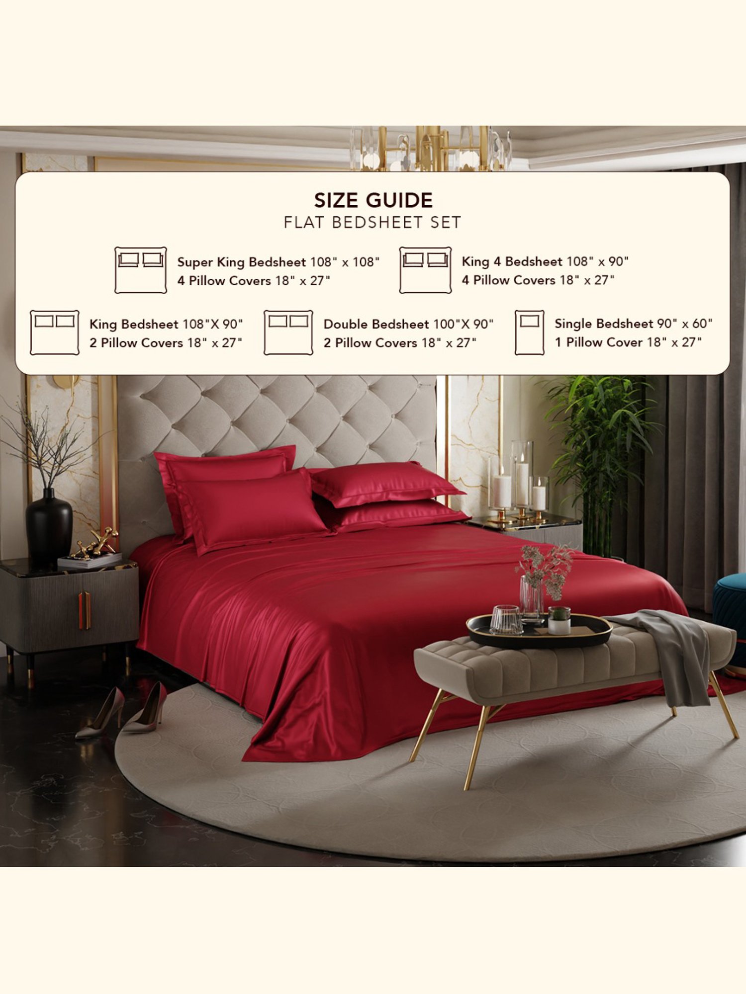 Stoa Paris Date Night Collection 300 TC Red Sateen Super King Bed Sheet with 4 Pillow Covers