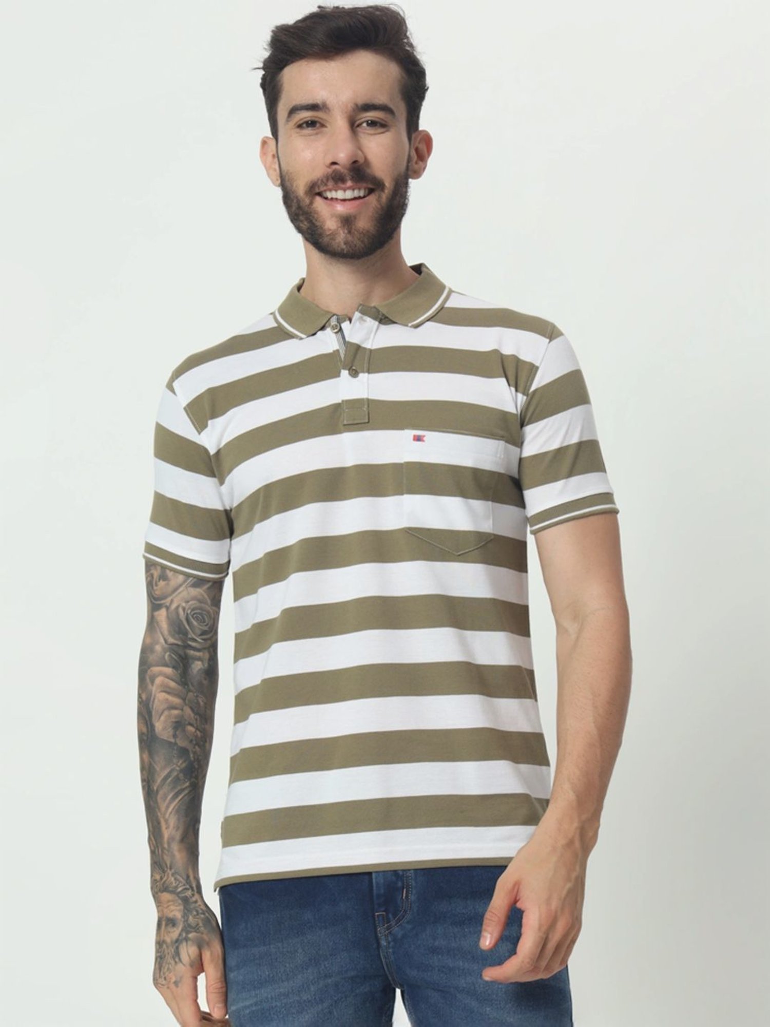Tab91 Green Regular Fit Striped Polo T-Shirts