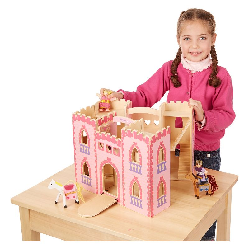 Melissa & Doug Fold and Go Wooden Princess Castle With 2 Royal Play Figures, 2 Horses, and 4pc of Furniture
