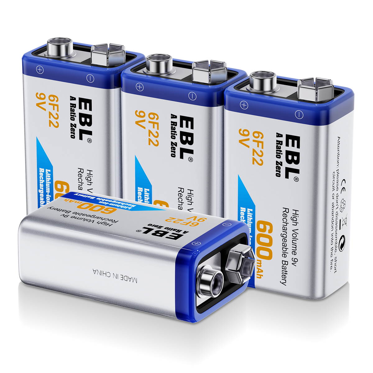 EBL 4 Pack 6F22 600mAh 9V Rechargeable Batteries+ Battery Charger for Li-ion NI-MH NI-CD Replacement Battery